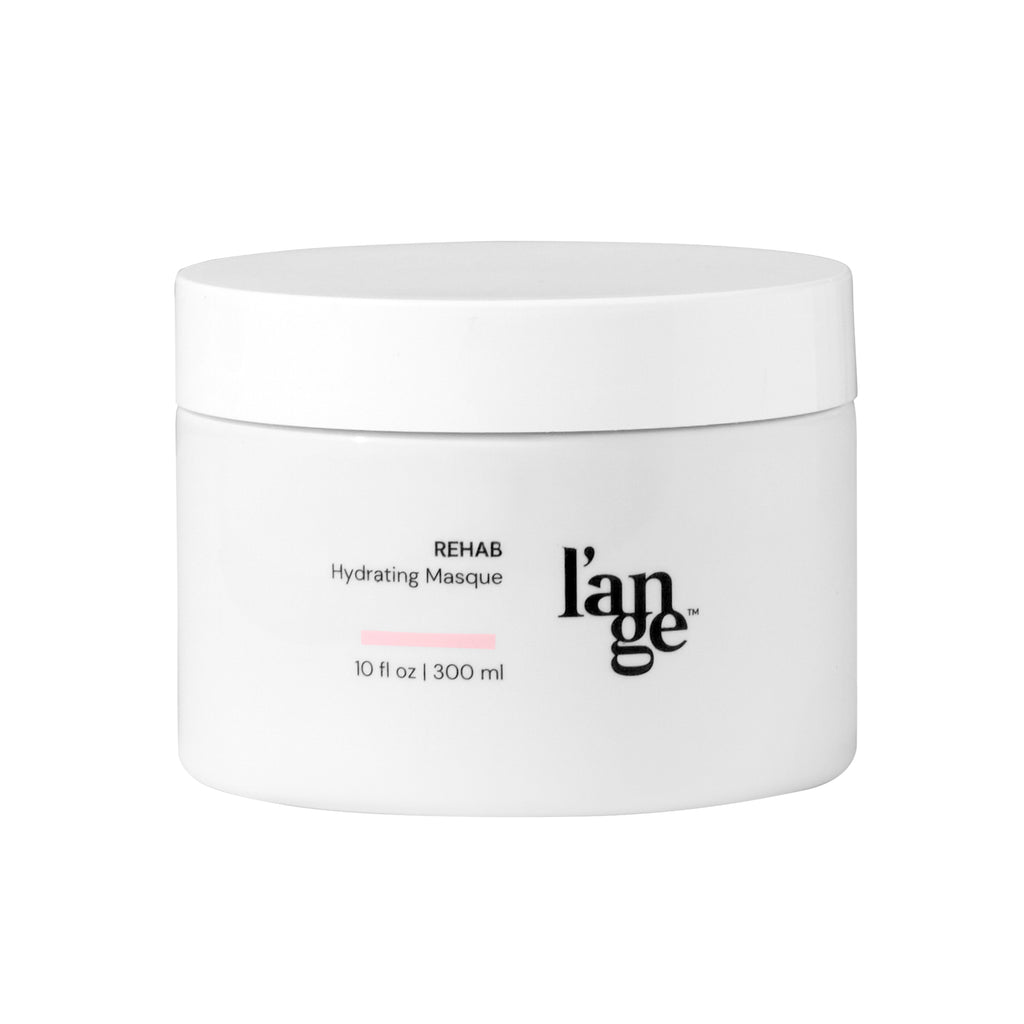 White 10fl oz tub with Rehab Hydrating Masque in black font and L’ange logo