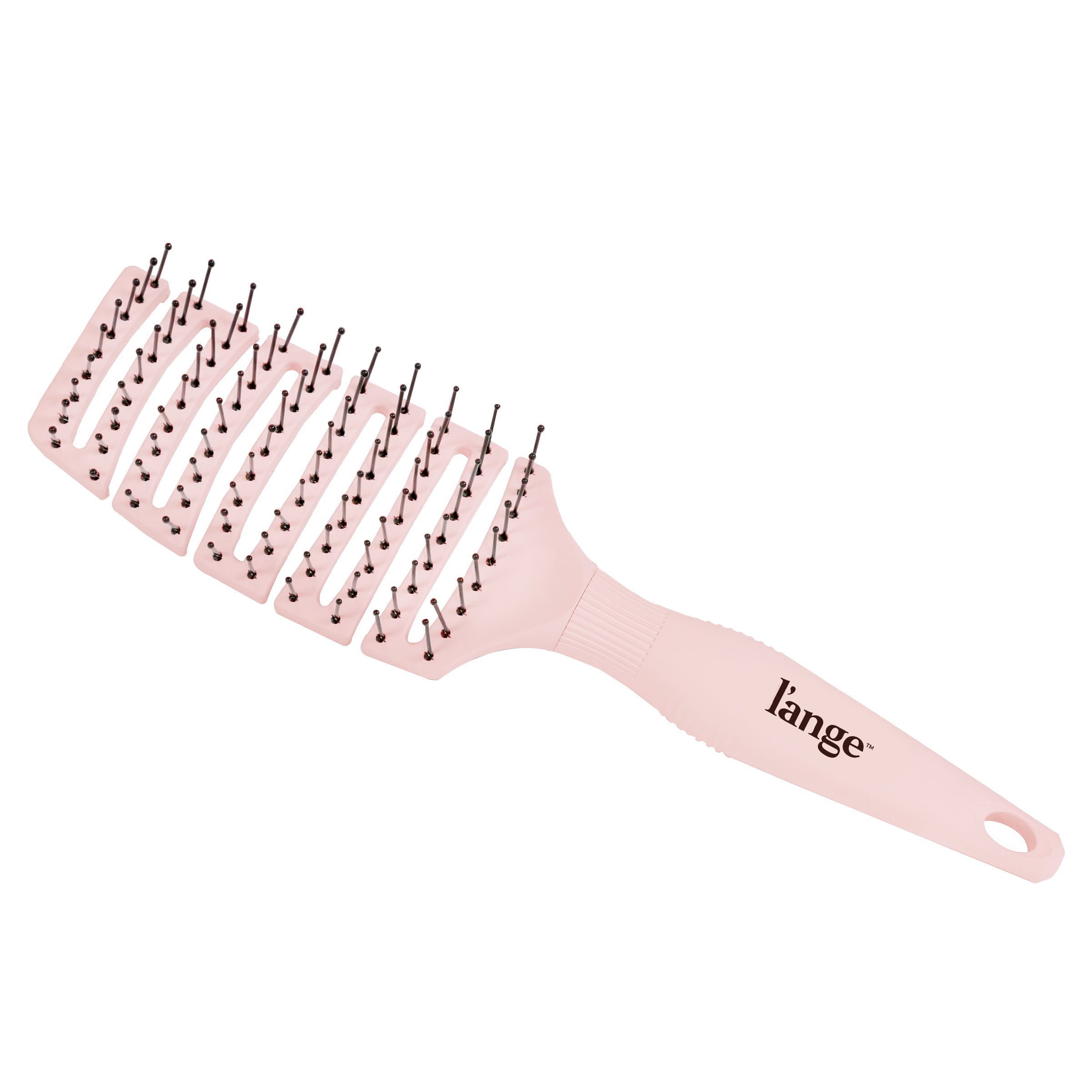 Sitting diagonally in a white background, the blush-colored vent brush displays the logo and handle.