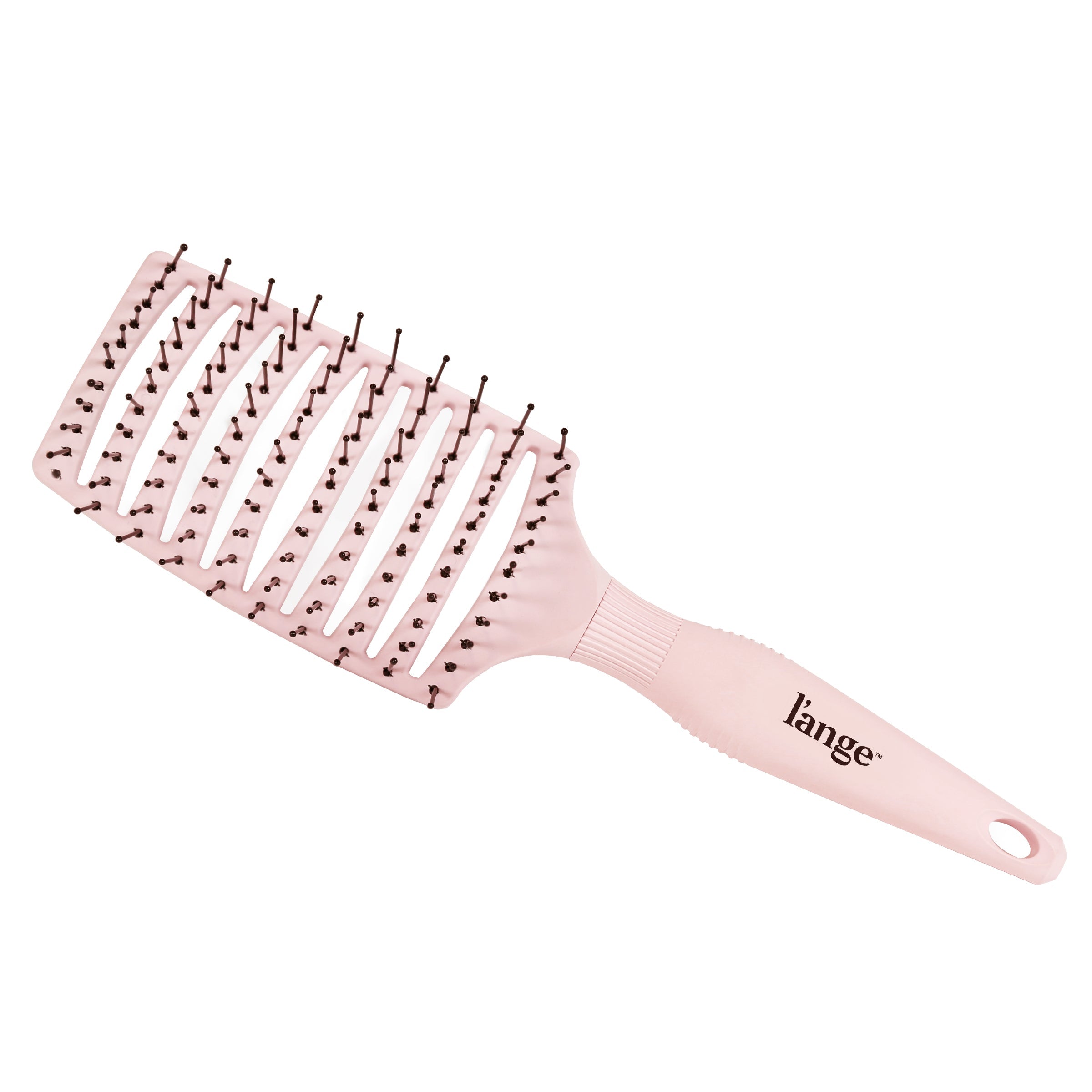 Positioned diagonally, the blush, wide, vent brush shows its ergonomic design and black bristles.