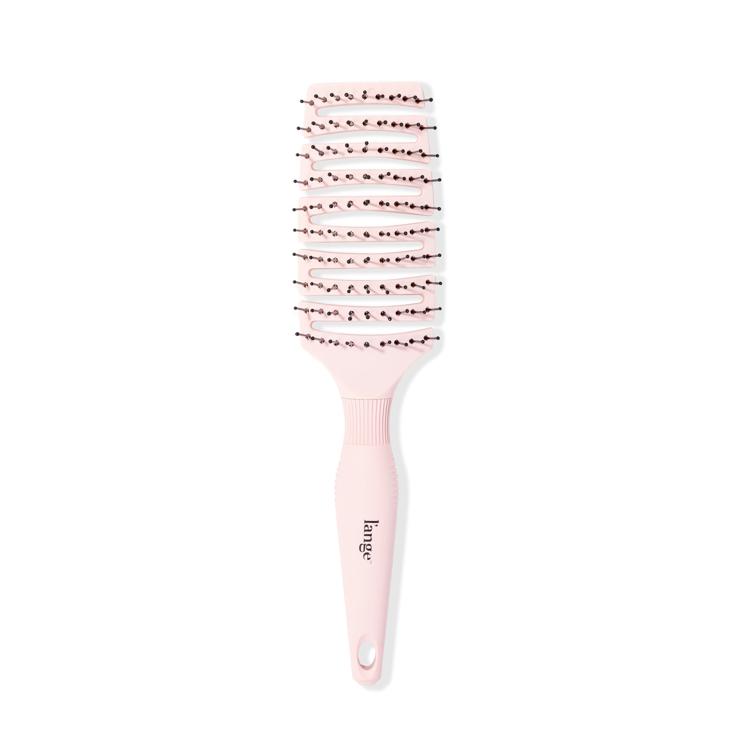 The pink flexible brush stands vertically so you can clearly see the vents & black bristles.