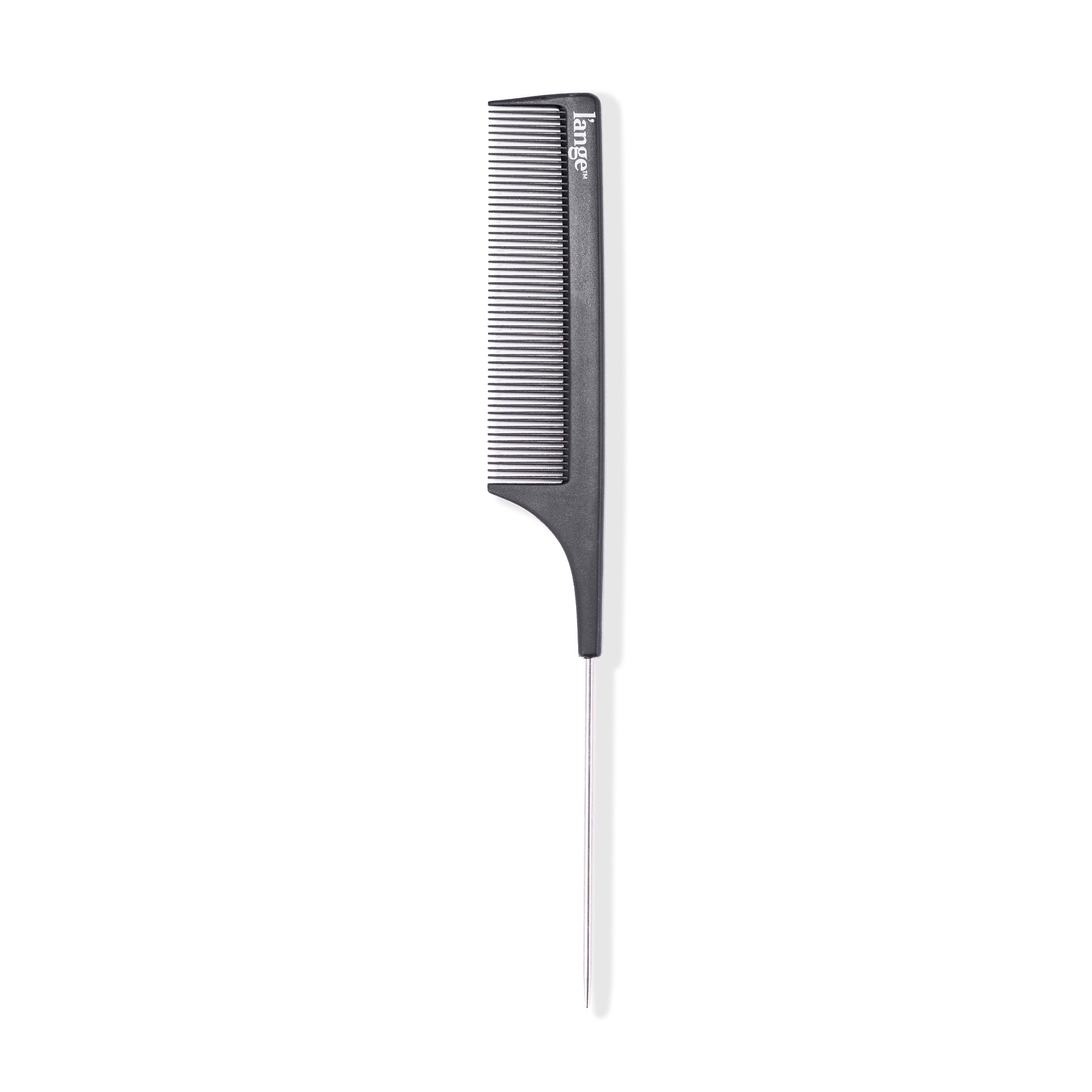 The carbon-fiber hair comb stands vertically, showing its black fine teeth, and pointed metal tail.