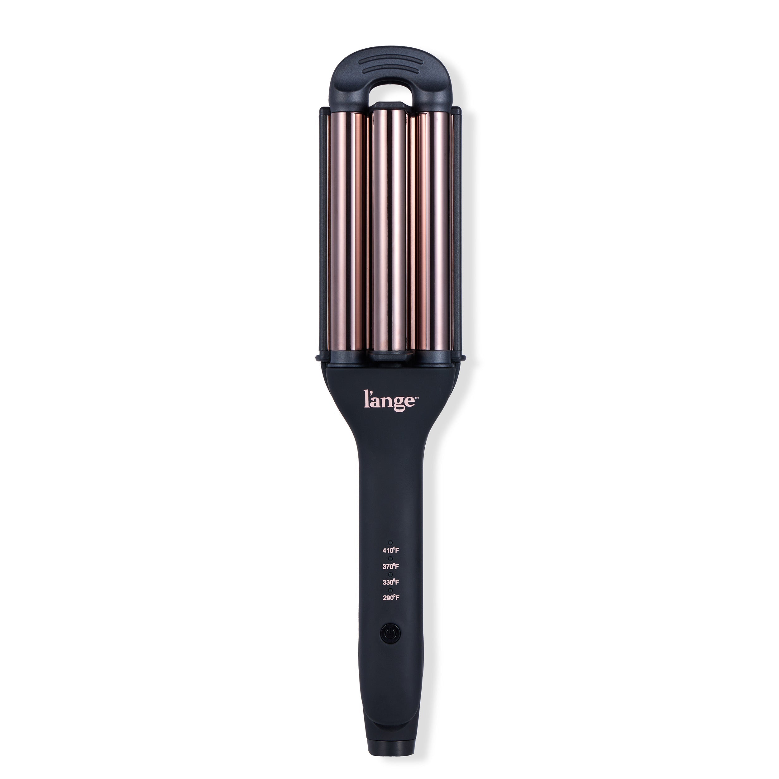 A black and rose gold triple-barrel curling iron with a digital temperature display on the handle.