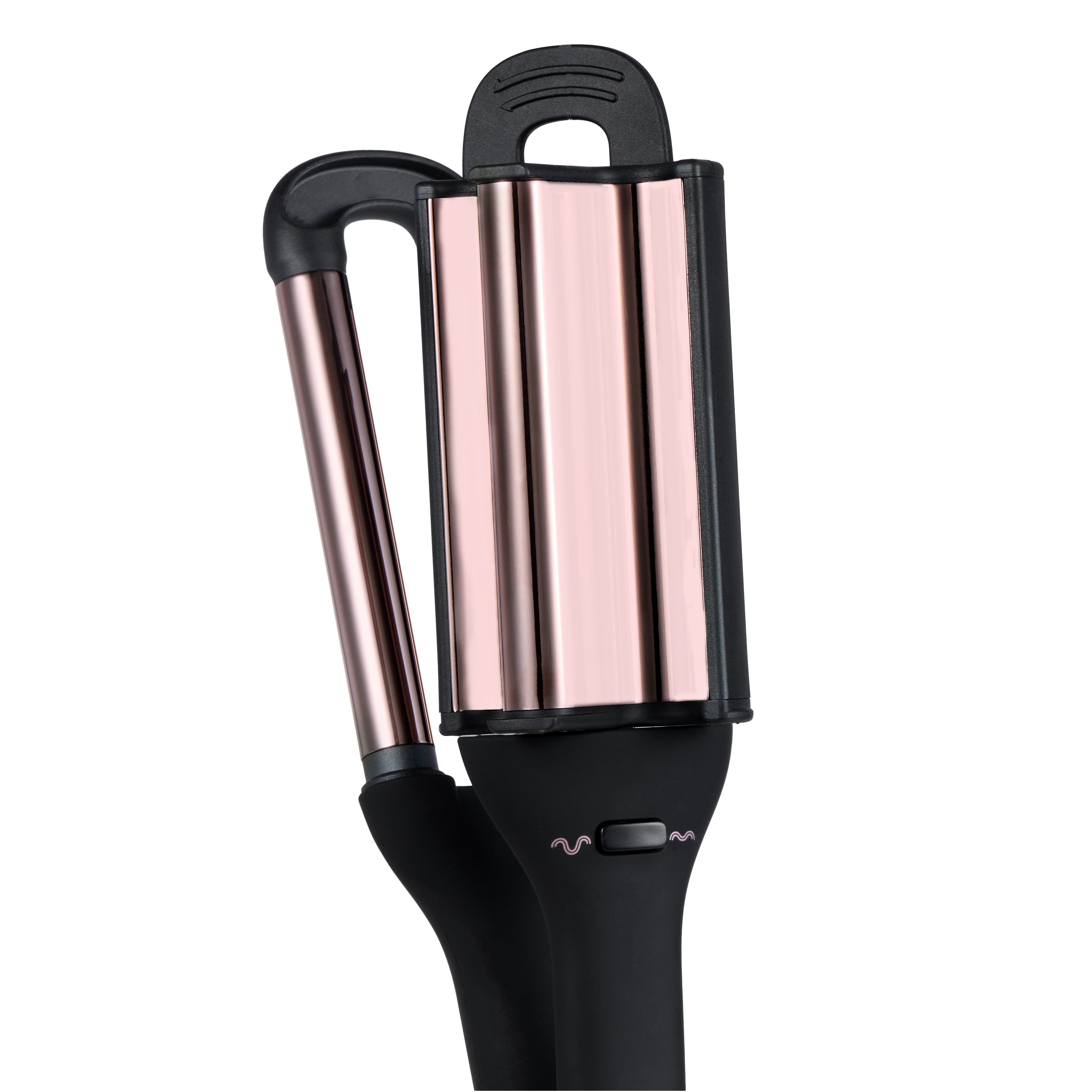 A curling iron with a sleek black handle and rose gold barrels designed for creating waves.