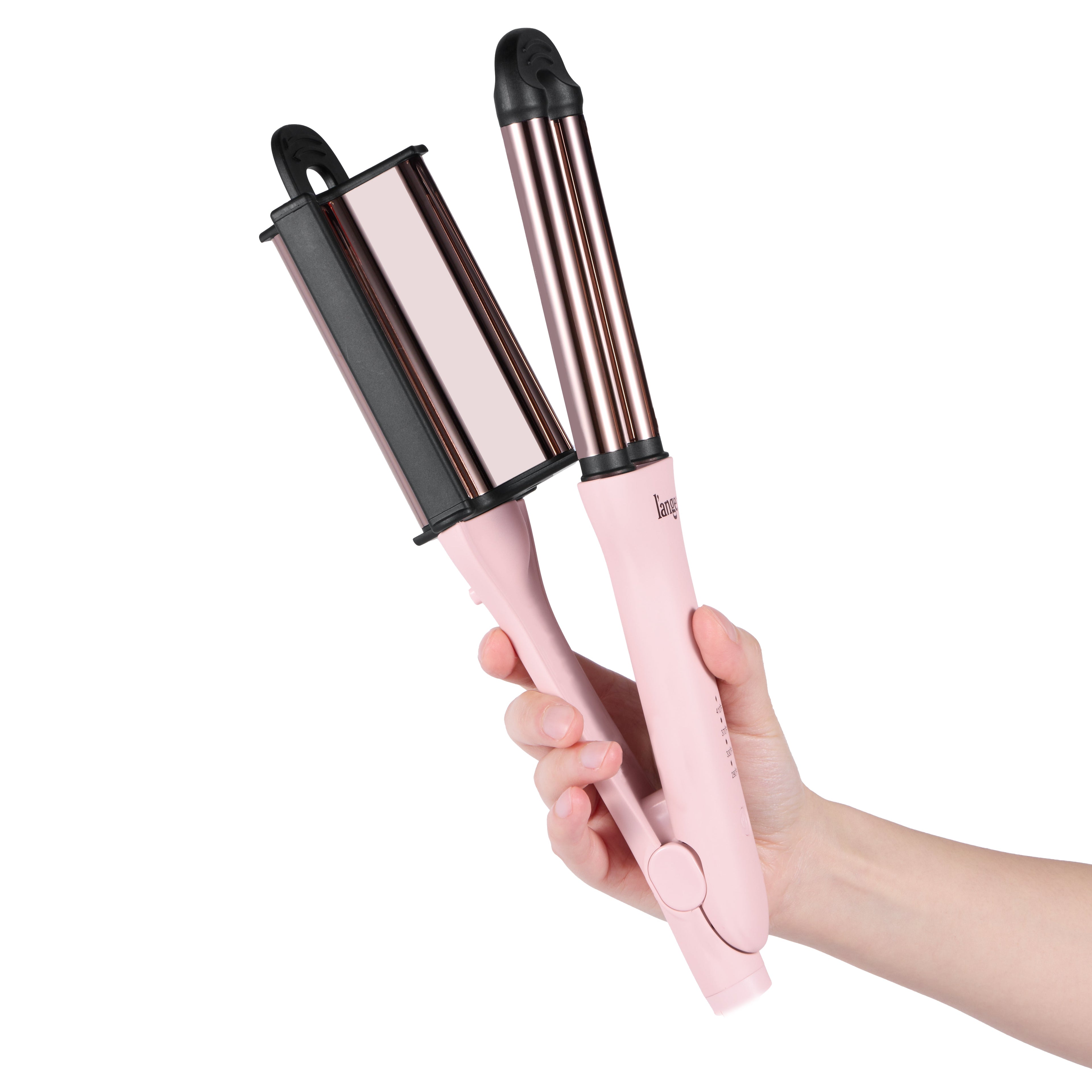 A hand holding a pink and black hair styling tool with wavy double barrels.