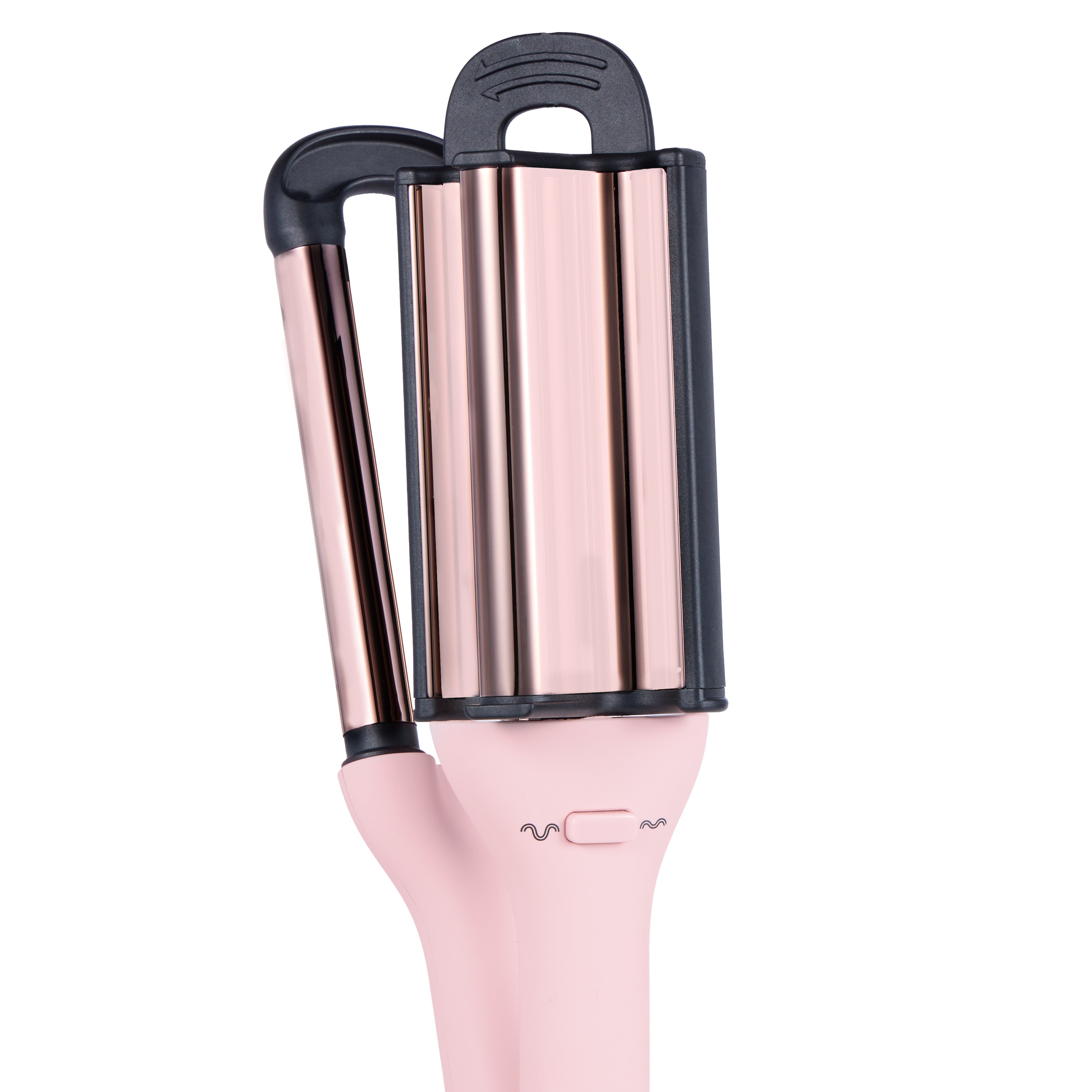 A pink and black hair waver with a sleek, metallic finish, featuring a wavy design switch on the handle.