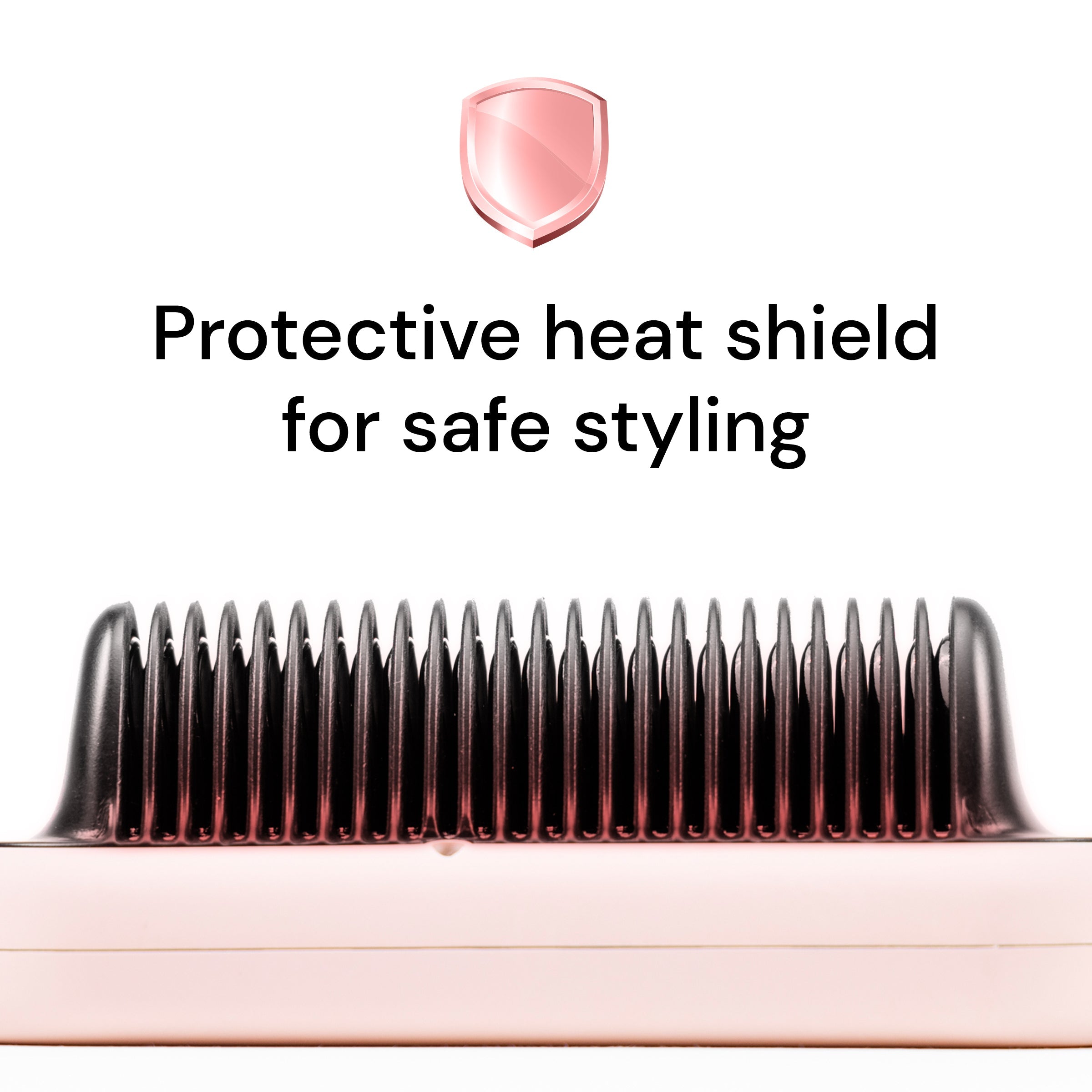 Close-up view of a hair styling tool with heat-resistant bristles, accompanied by the text "Protective heat shield for safe styling" and an icon of a pink shield.