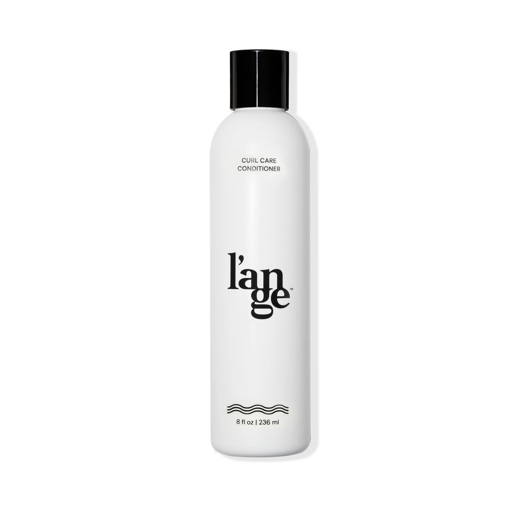 White 8fl oz bottle with Curl Care Conditioner and L’ange logo in black font and black tap