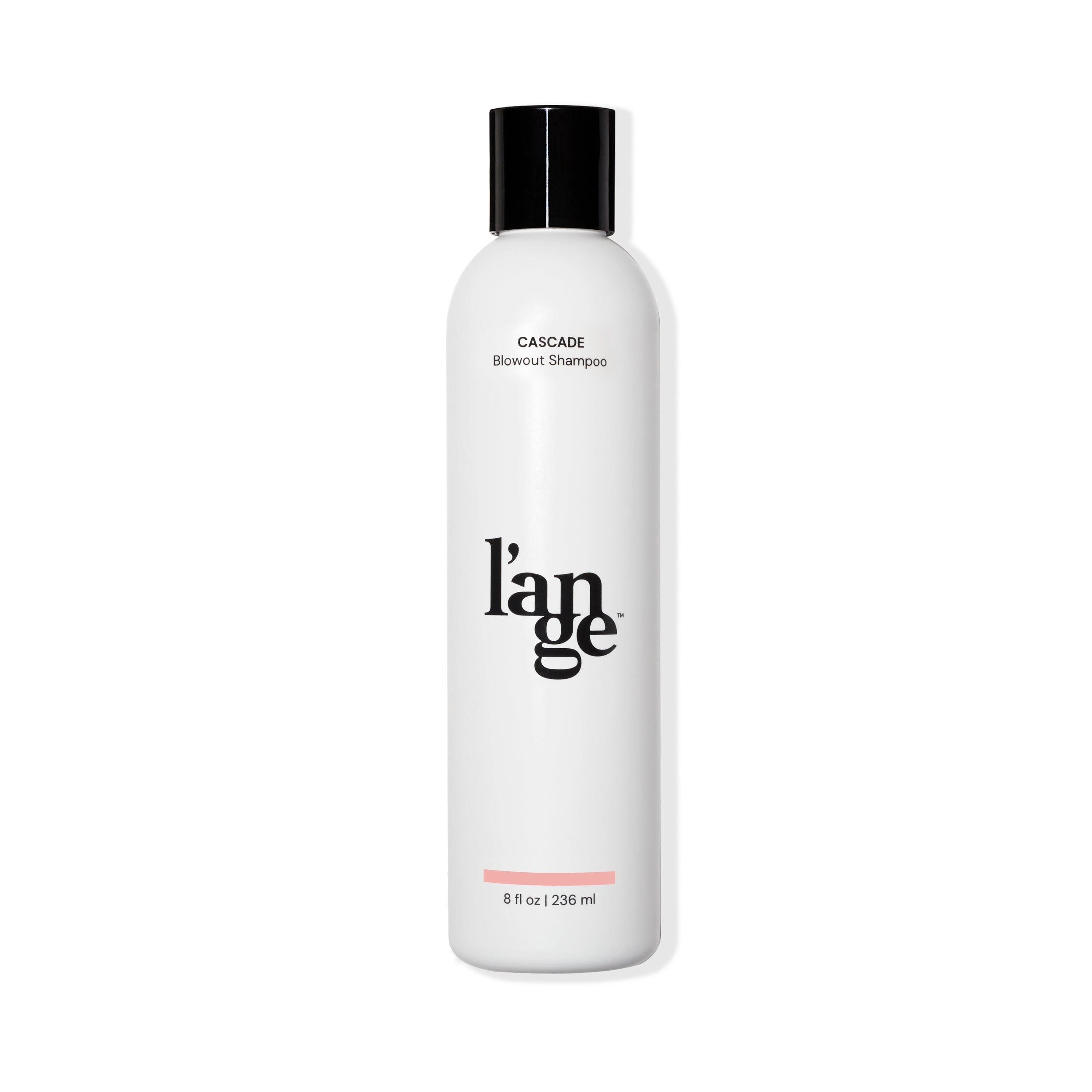 White 8 oz bottle with black font Cascade Blowout Shampoo, black L’ange logo & black cover