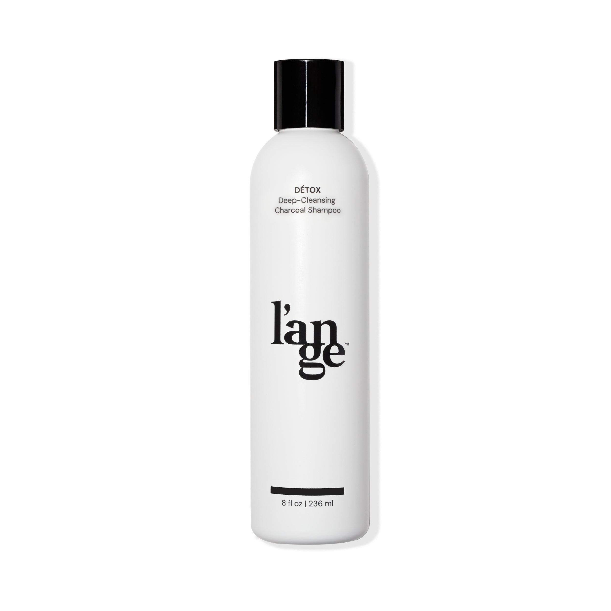 White 8oz bottle with Detox Deep-Cleansing Charcoal Shampoo black font and L’ange logo & black cap