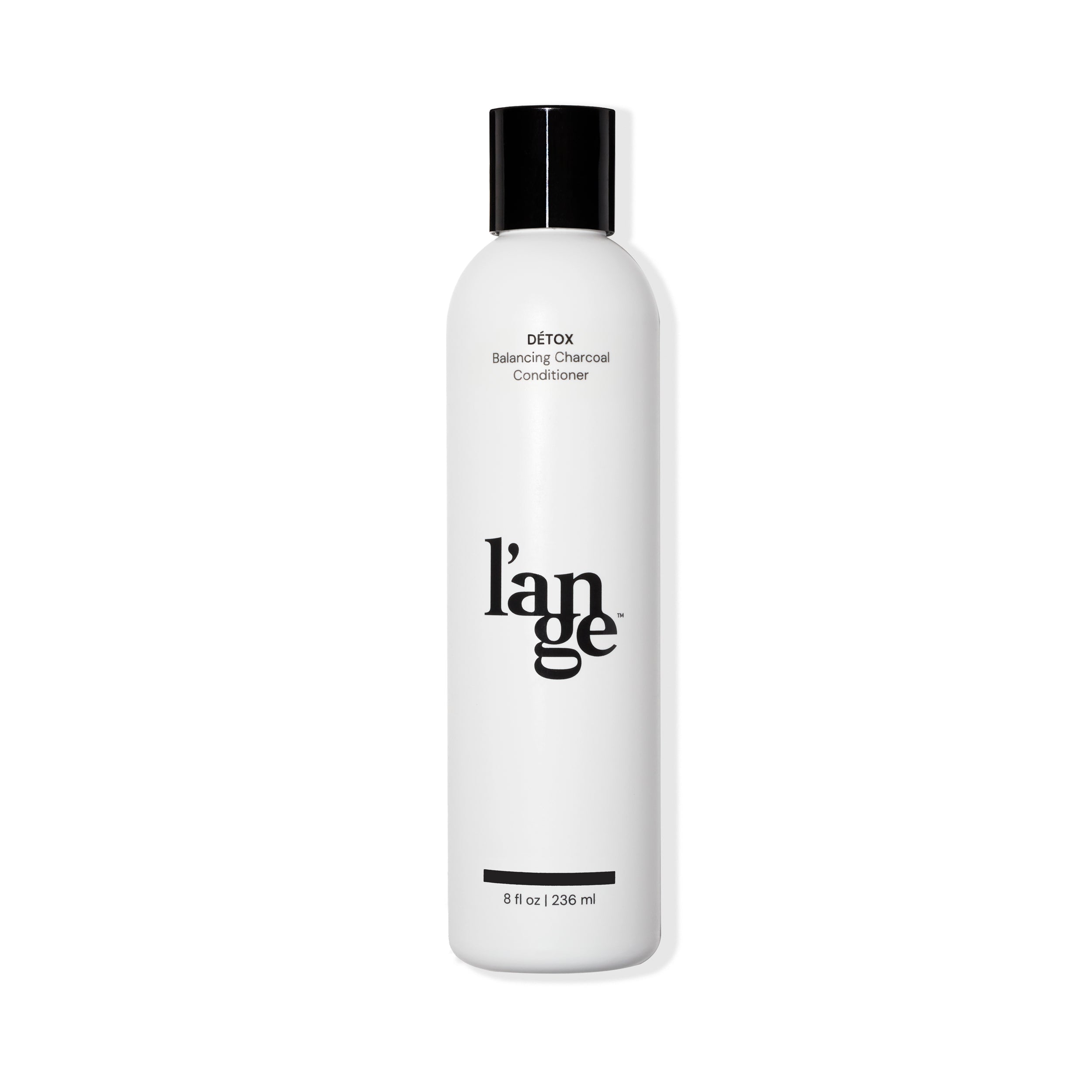White 8oz bottle with Detox Deep-Cleansing Charcoal Conditioner black font and L’ange logo & black cap