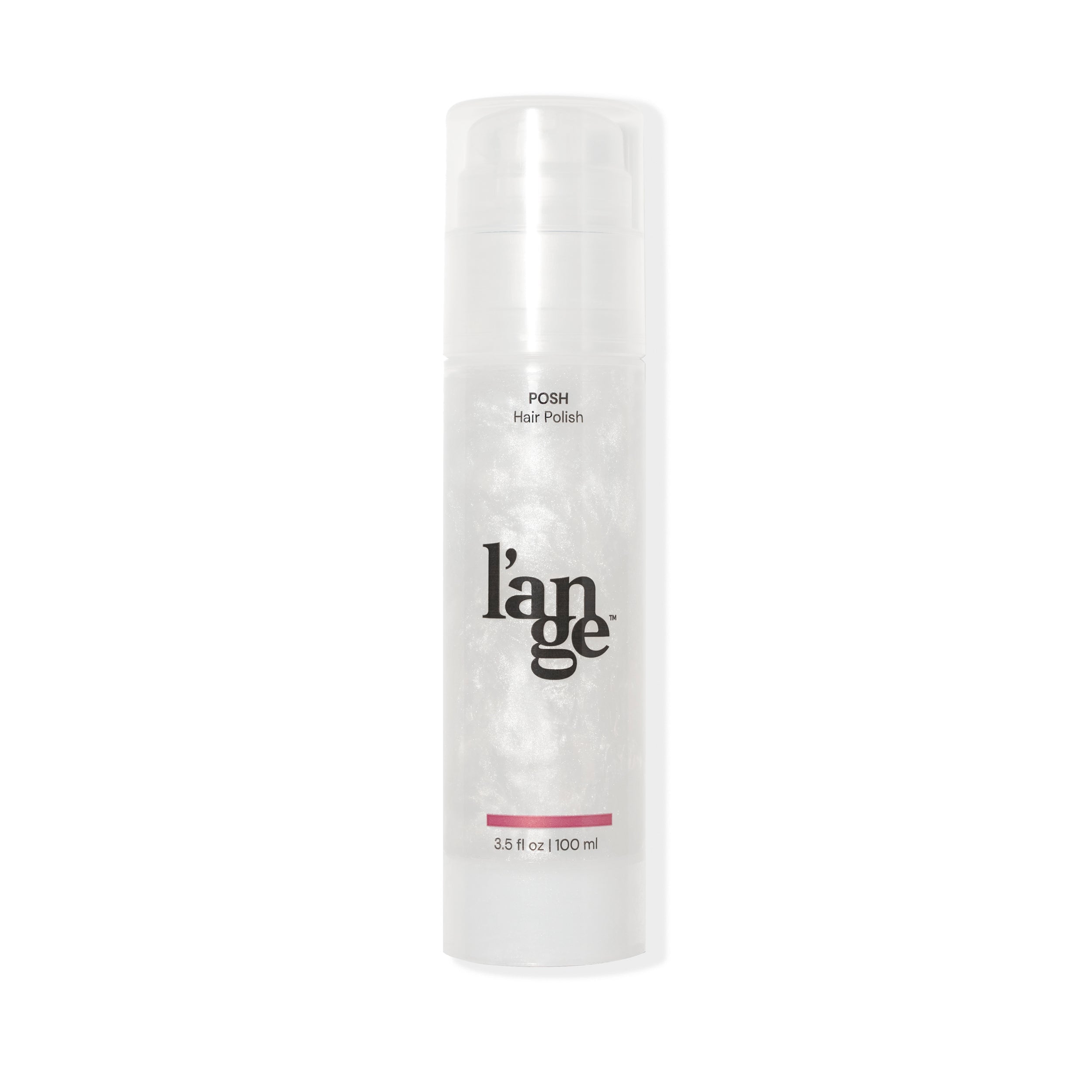 Transparent bottle labeled "l'ange Posh Hair Polish" containing 3.5 fl oz (100 ml) of product with a pearlescent appearance.