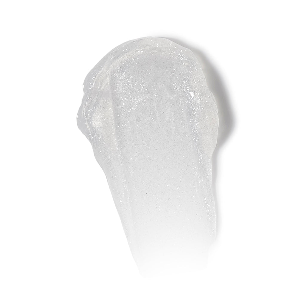 A smooth, glossy clear gel with a subtle shimmer spread across a white background.
