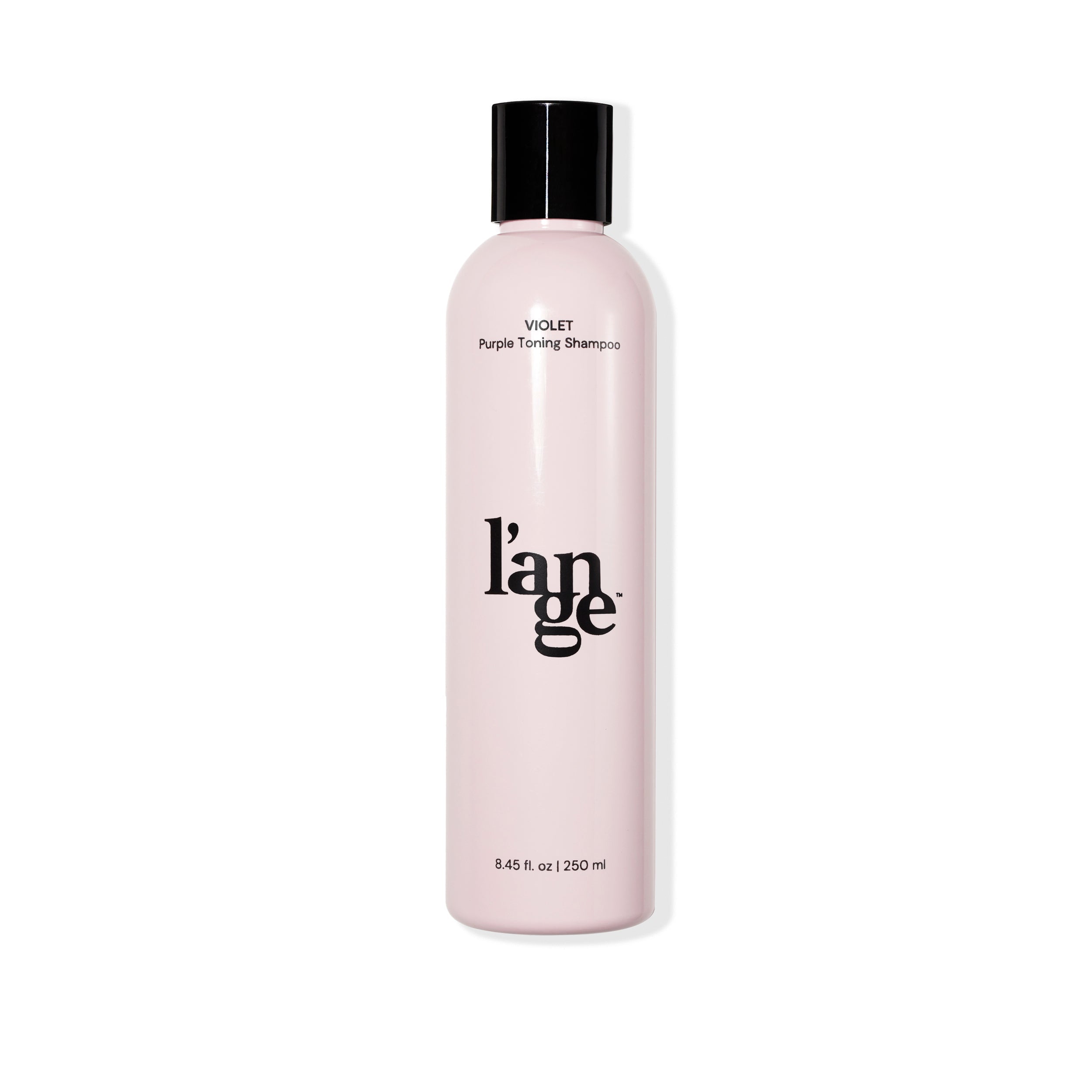 Blush 8.45fl oz bottle with Violet Purple Toning Shampoo in black font with L’ange logo and cap