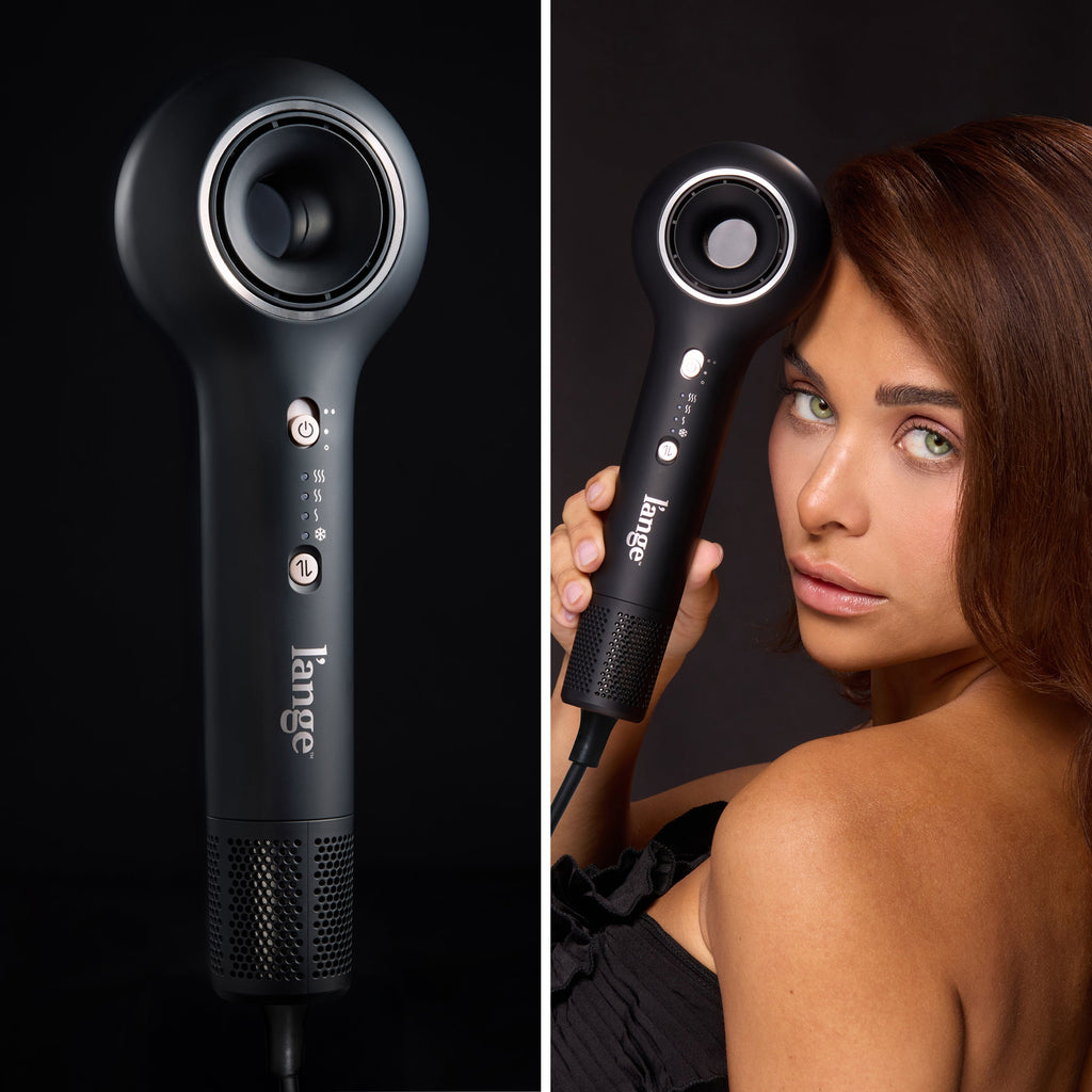Split image showing close-up of Axia black ionic hair dryer and model holding dryer against dark background