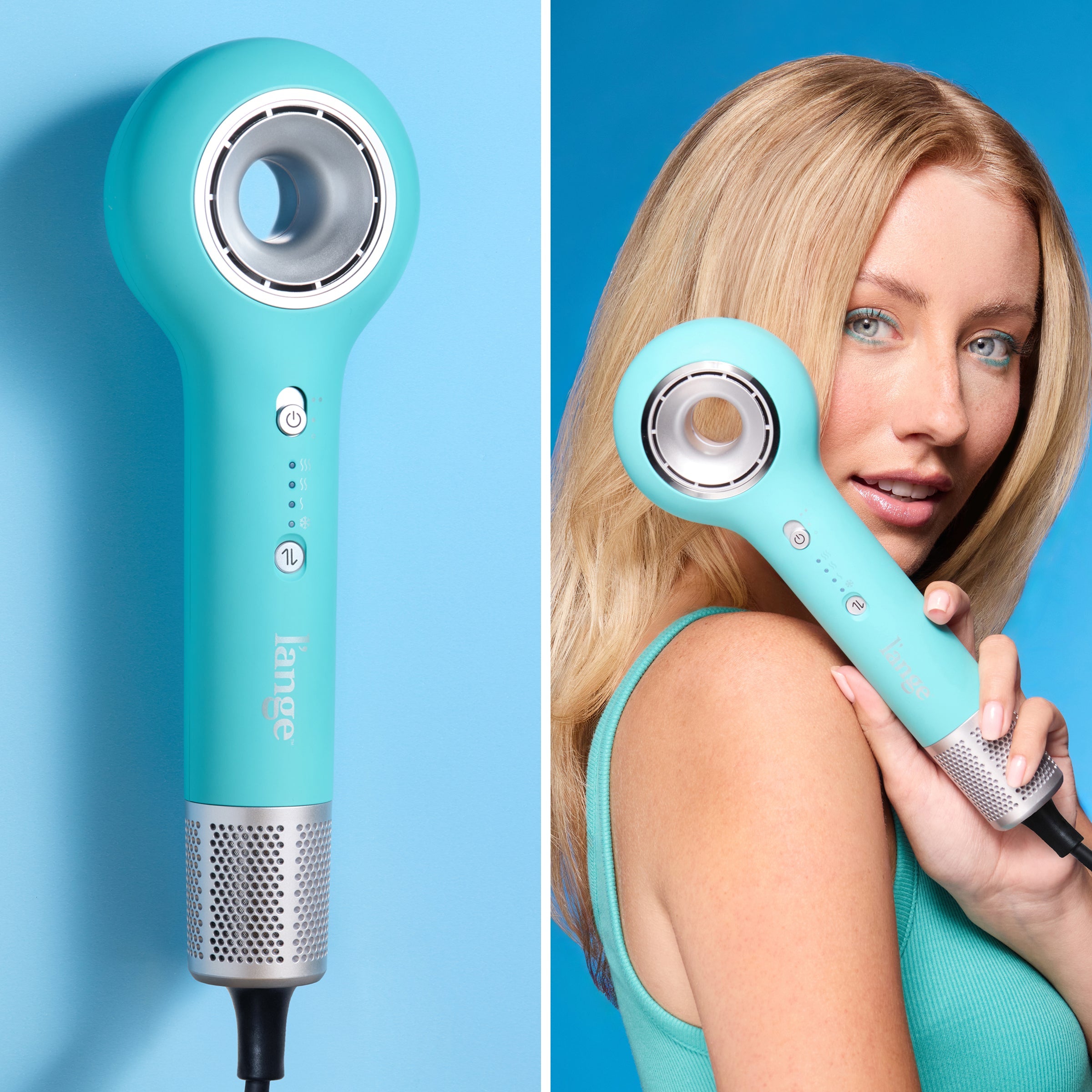 Split image showing close-up of Axia blue ionic hair dryer and model holding dryer against blue background