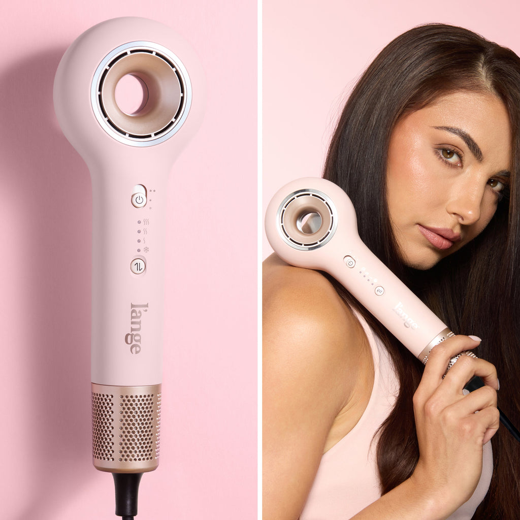 Split image showing close-up of Axia blush ionic hair dryer and model holding dryer against blush background