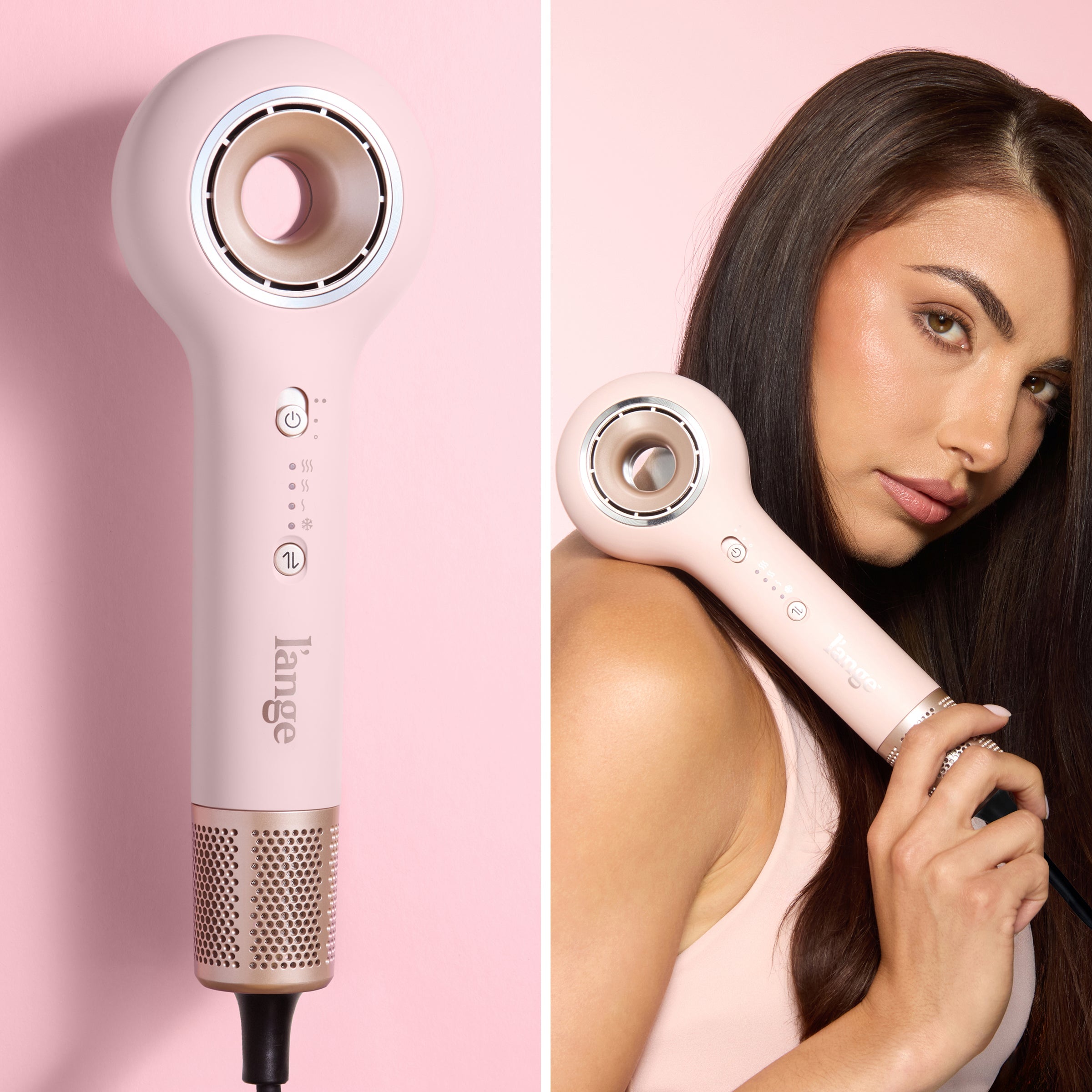 Split image showing close-up of Axia blush ionic hair dryer and model holding dryer against blush background