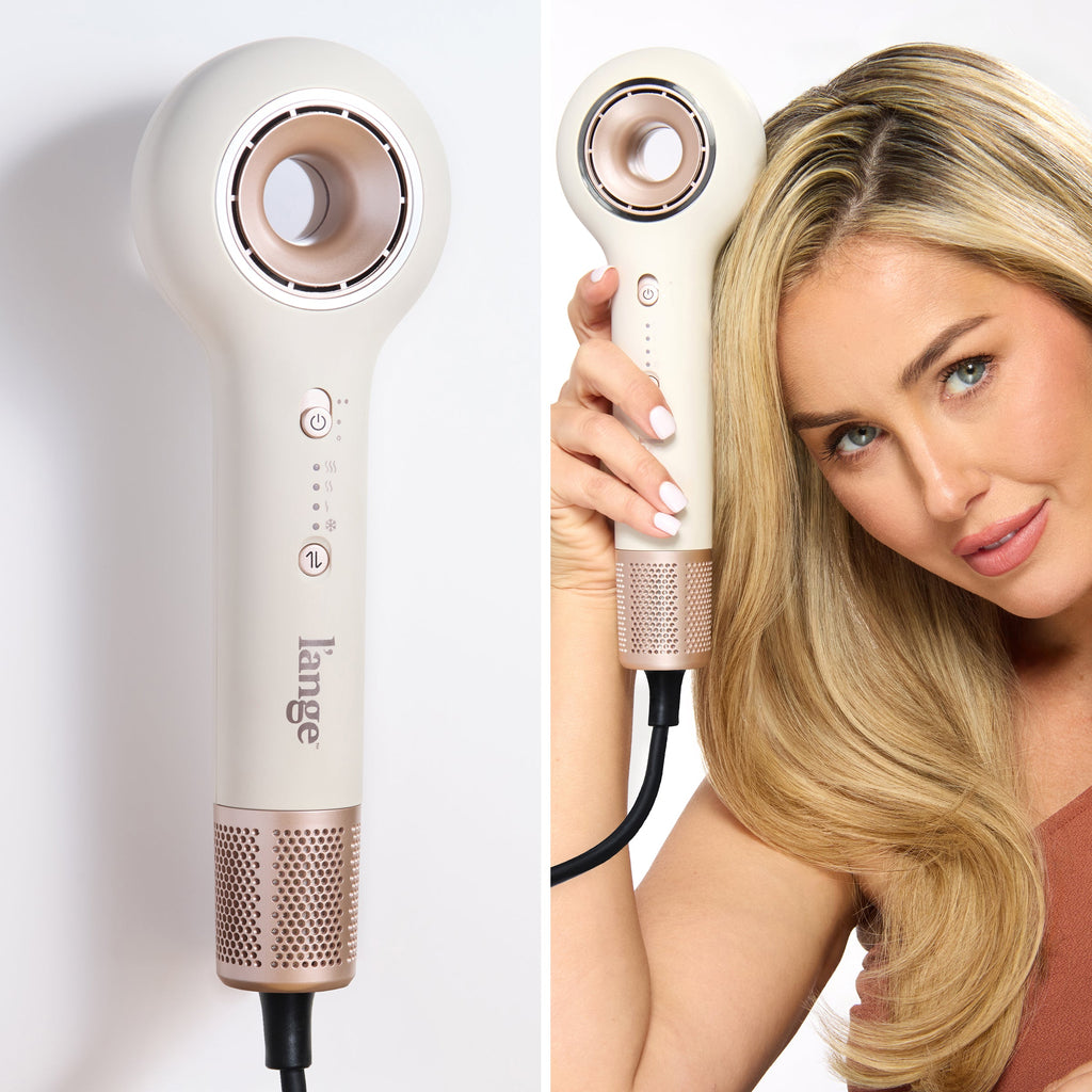 Split image showing close-up of Axia off-white ionic hair dryer and model holding dryer against off-white background