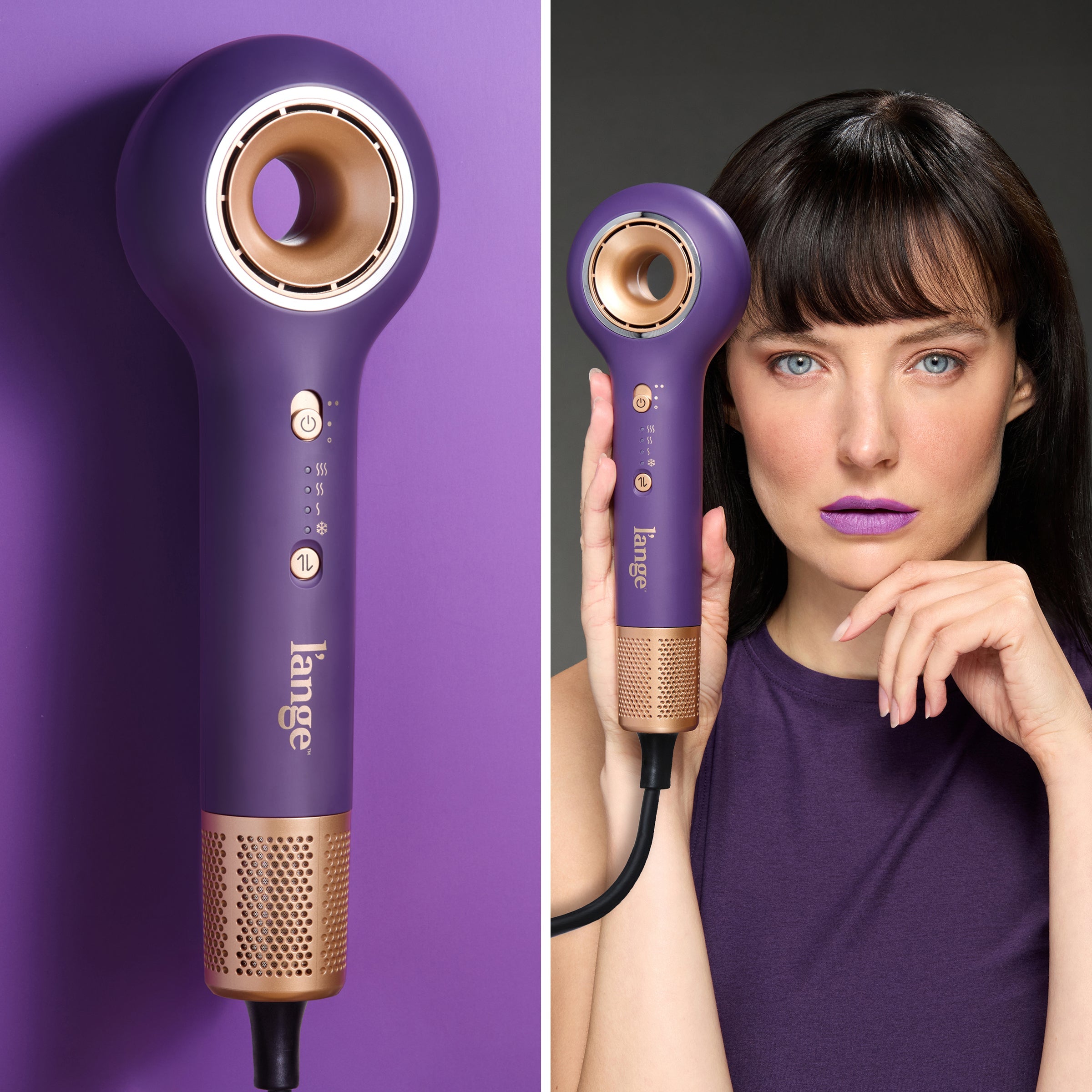Split image showing close-up of Axia purple ionic hair dryer and model holding dryer against dark background