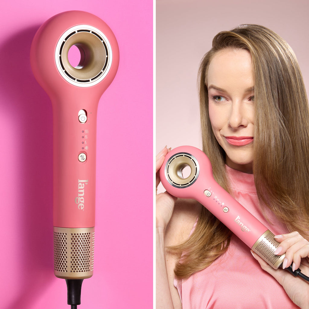 Split image showing close-up of Axia rose ionic hair dryer and model holding dryer against blsuh background