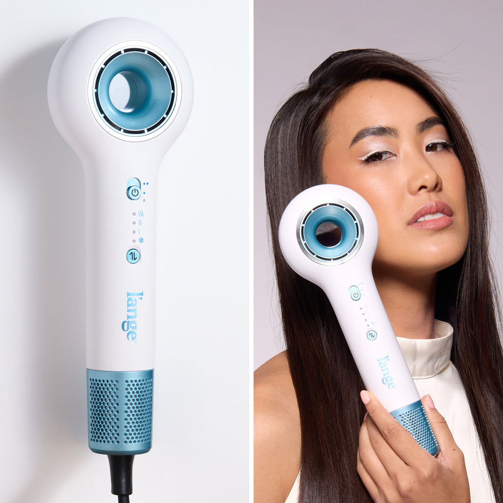 Split image showing close-up of Axia white ionic hair dryer and model holding dryer against white background