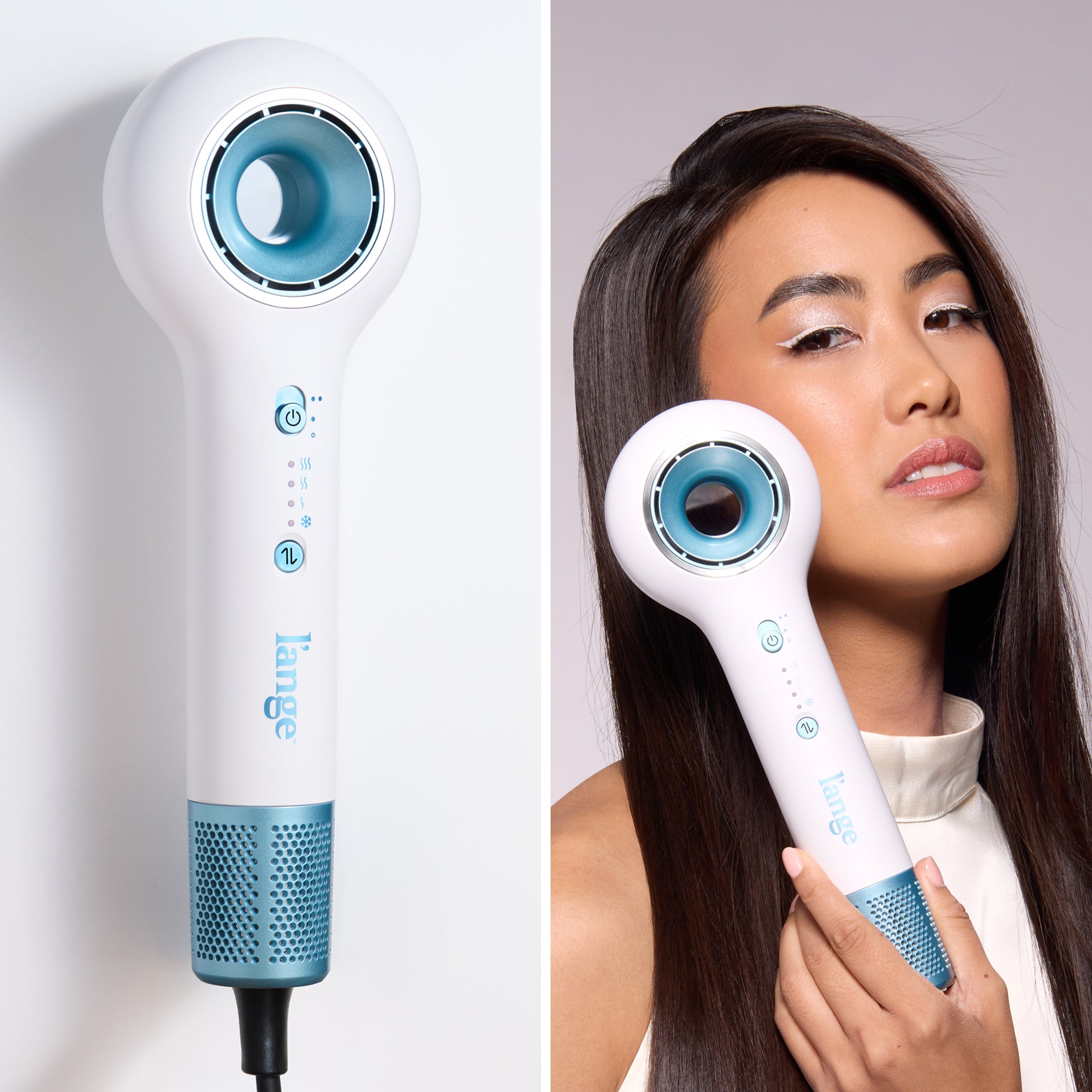 Split image showing close-up of Axia white ionic hair dryer and model holding dryer against white background