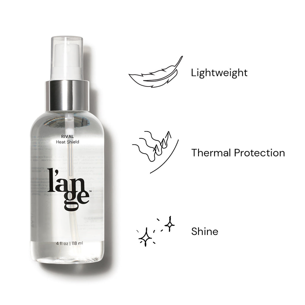 L’ange Rival Heat Shield spray; offers lightweight thermal protection and shine, in a 4 fl oz (118 ml) clear bottle with a pump dispenser.