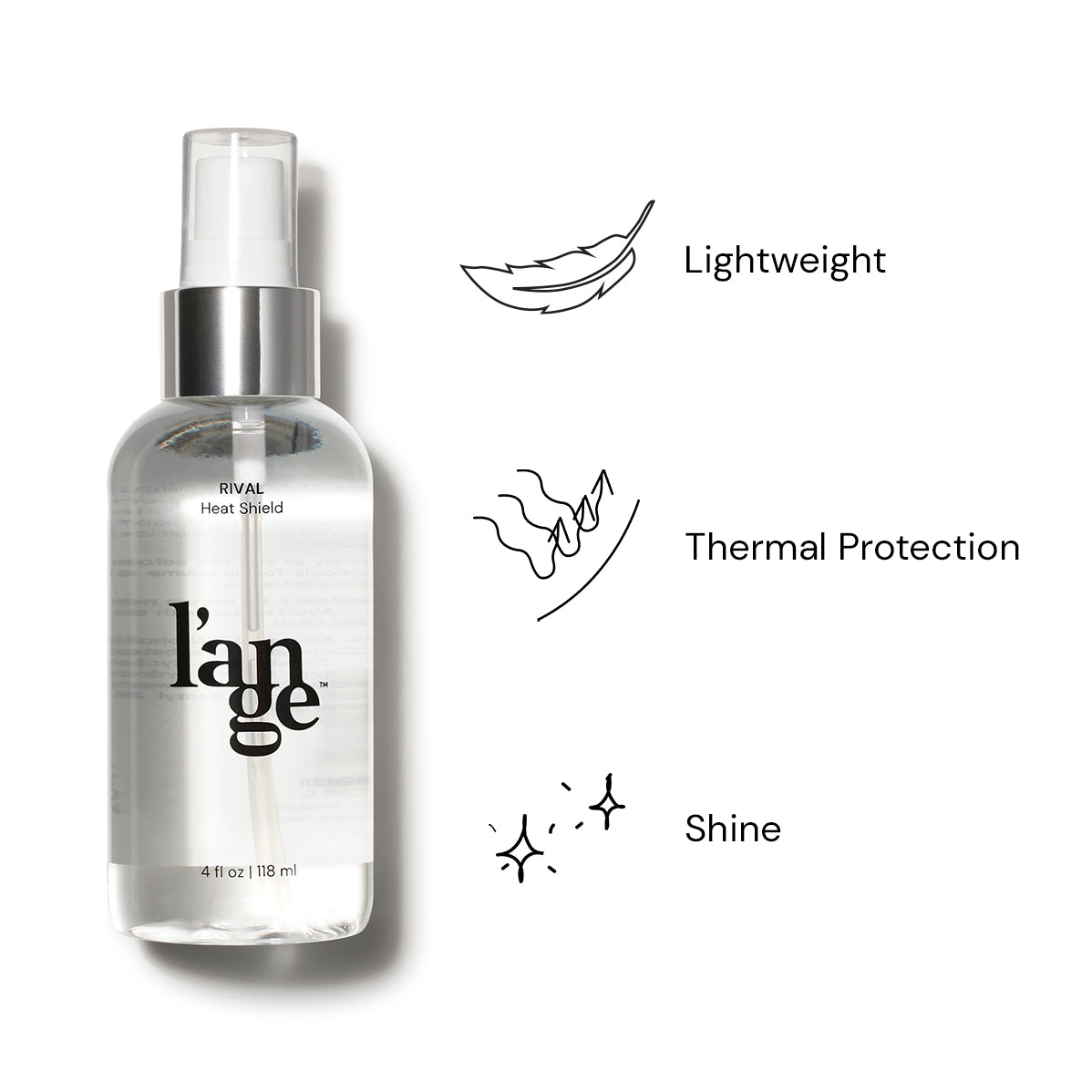 L’ange Rival Heat Shield spray; offers lightweight thermal protection and shine, in a 4 fl oz (118 ml) clear bottle with a pump dispenser.