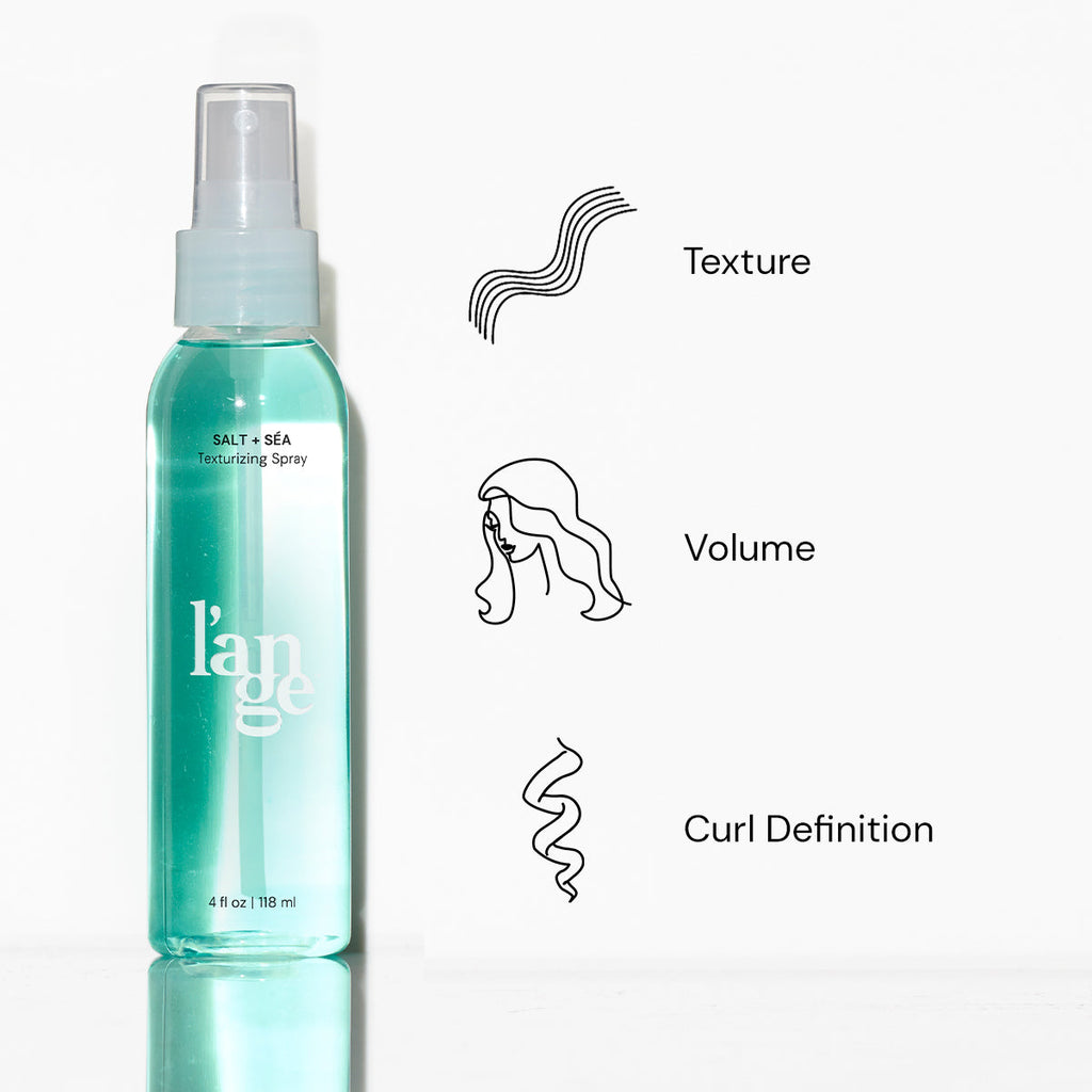 L'ange Salt + Séa Texturizing Spray, 4 oz, provides texture, volume, and curl definition, depicted with illustrative icons.