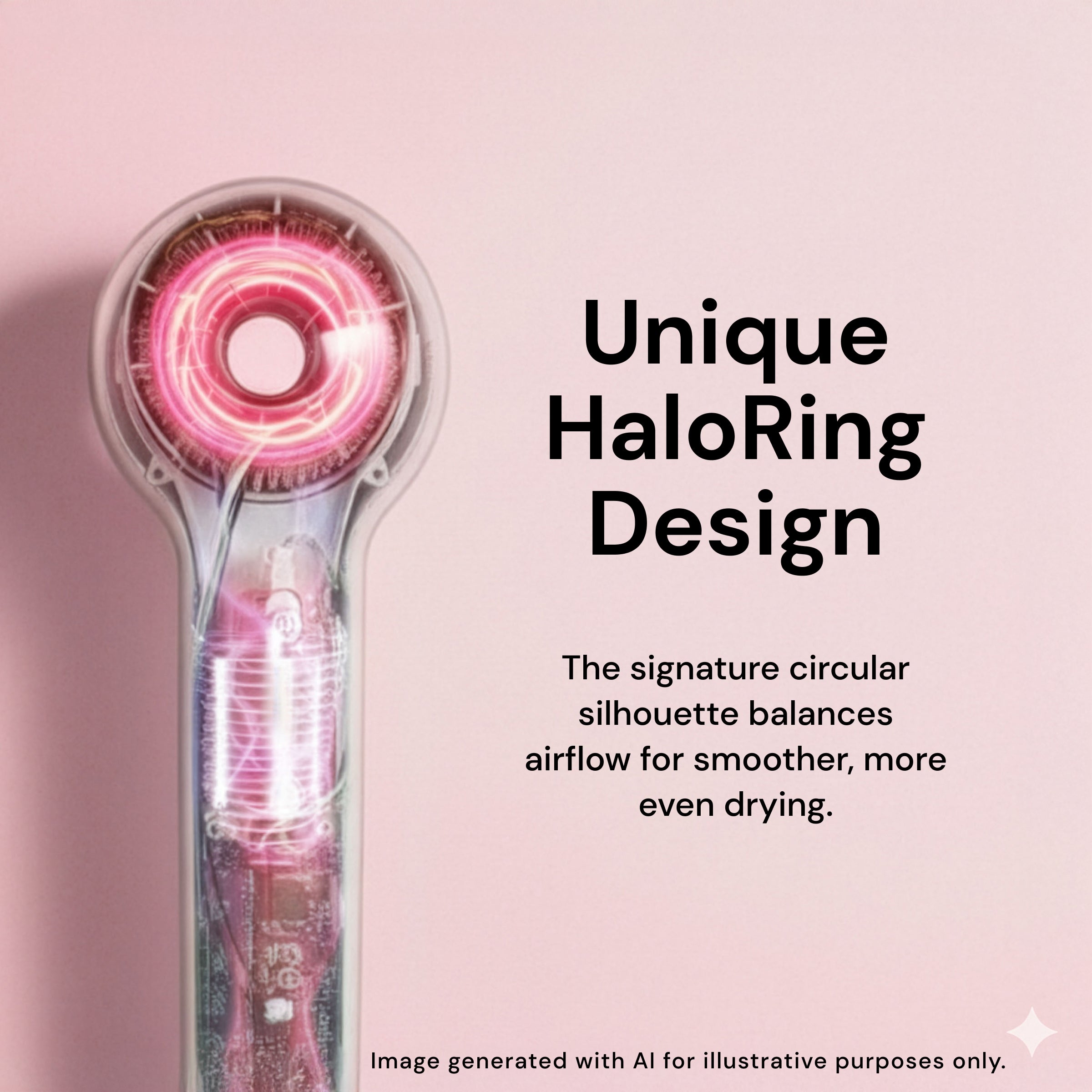 Axia HaloRing hair dryer internal airflow design illustration. Text reads: "Unique HaloRing Design. The signature circular silhouette balances airflow for smoother, more even drying"