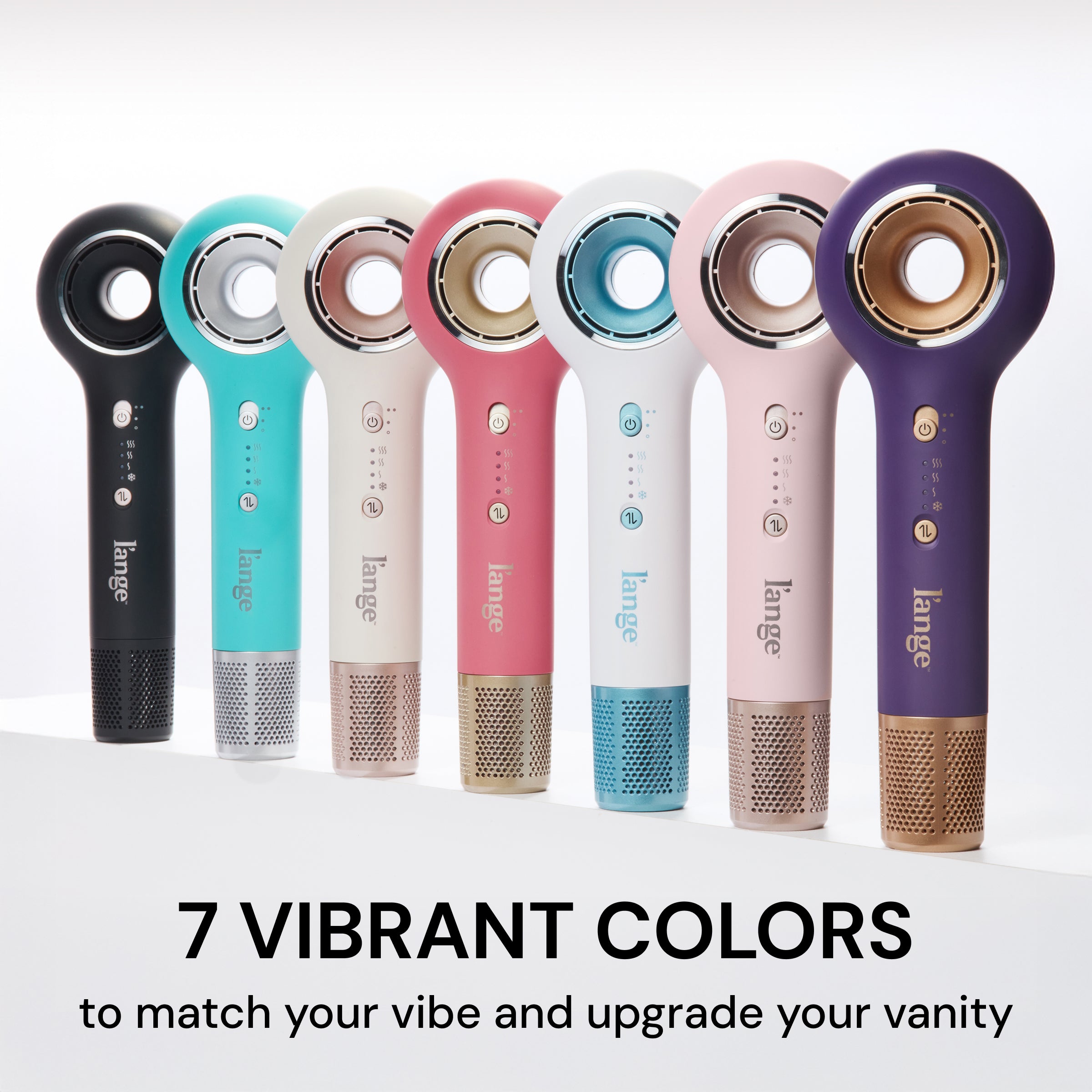 Axia hair dryer available in 7 colors. Text reads "7 vibrant colors to match your vibe and upgrade your vanity"