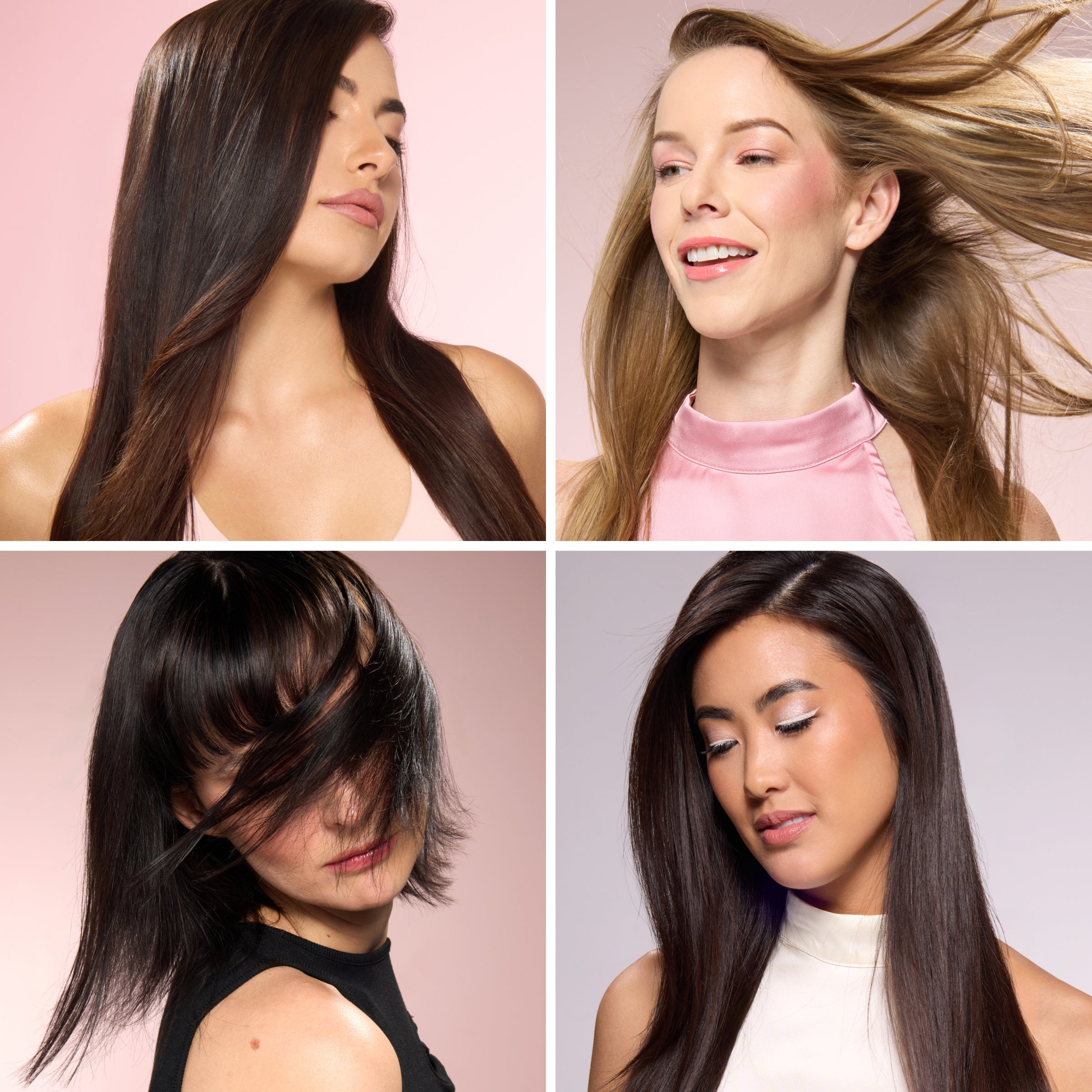 Models with different hair types styled smooth and shiny 