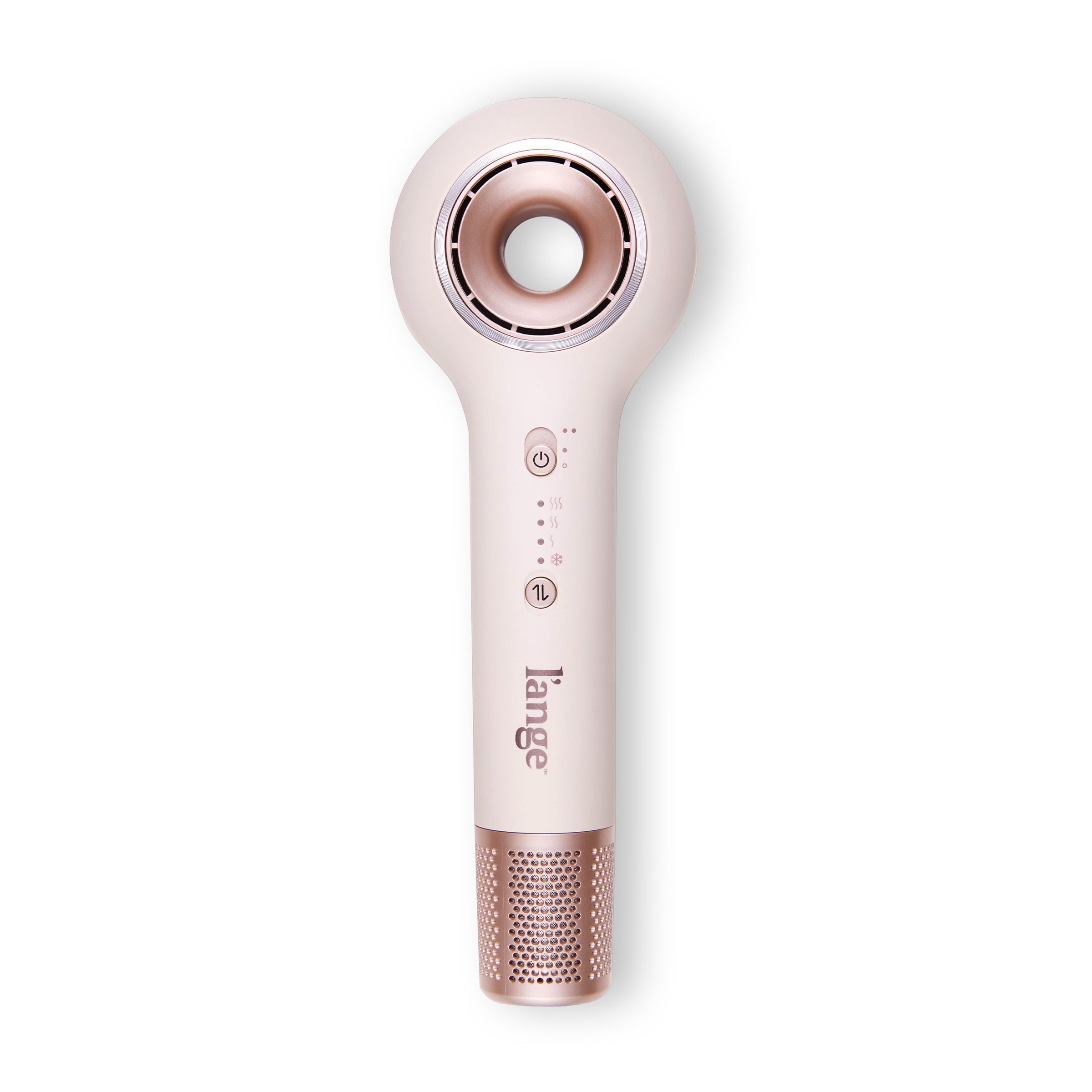 L’ange Axia ionic hair dryer in Off-White with rose gold accents, hollow center airflow design, and multiple heat settings on the handle