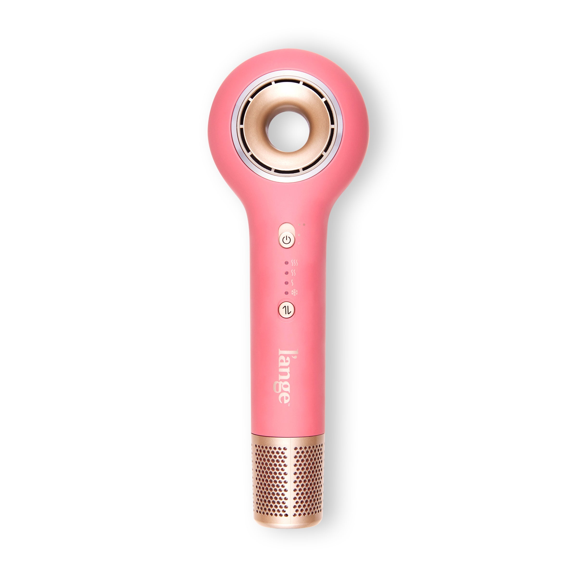 L’ange Axia ionic hair dryer in rose with gold accents, hollow center airflow design, and multiple heat settings on the handle