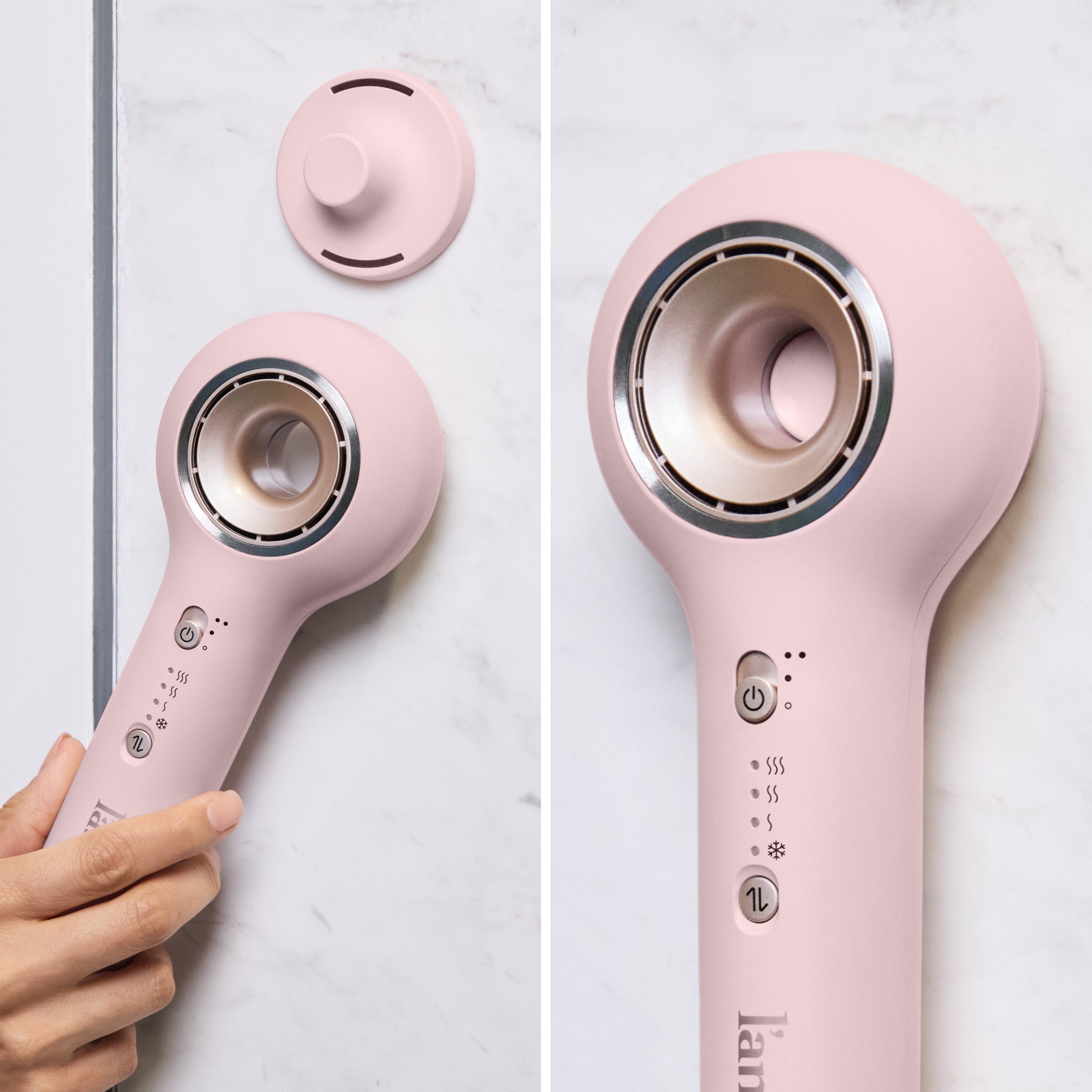 Axia blush pink hair dryer attaching to magnetic wall mount