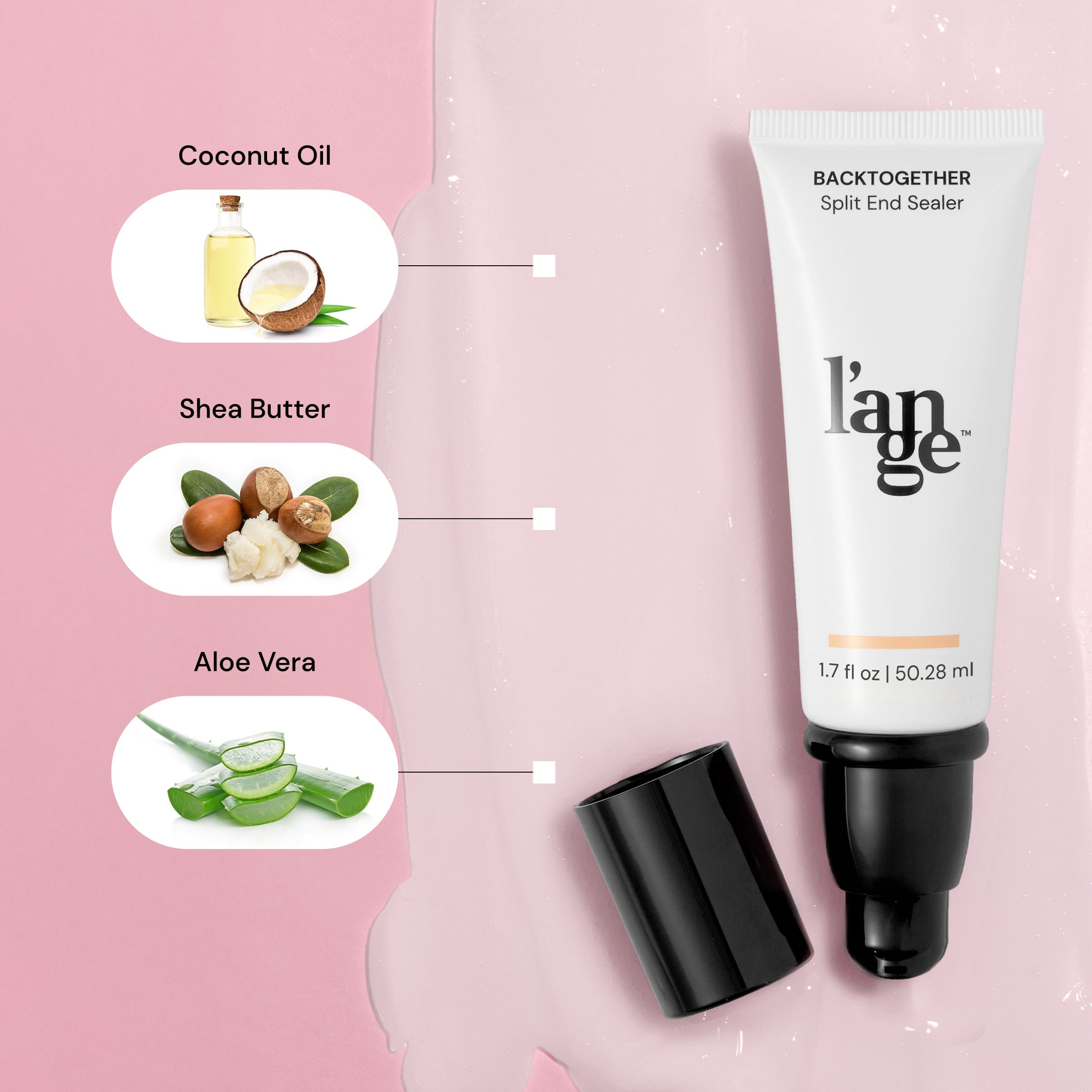 BACKTOGETHER Split End Sealer featuring primary ingredients coconut oil, shea butter, and aloe vera. Packaged in a sleek white and black tube, highlighting natural and effective hair care benefits.