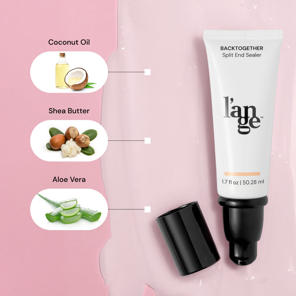 BACKTOGETHER Split End Sealer featuring primary ingredients coconut oil, shea butter, and aloe vera. Packaged in a sleek white and black tube, highlighting natural and effective hair care benefits.