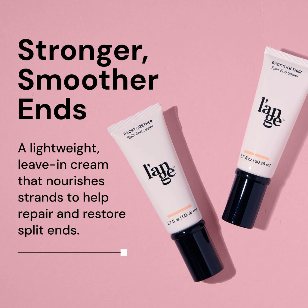 Stronger, Smoother Ends - Two tubes of l'ange BACKTOGETHER Split End Sealer on a pink background, highlighting a lightweight leave-in cream that nourishes hair strands for repairing and restoring split ends.