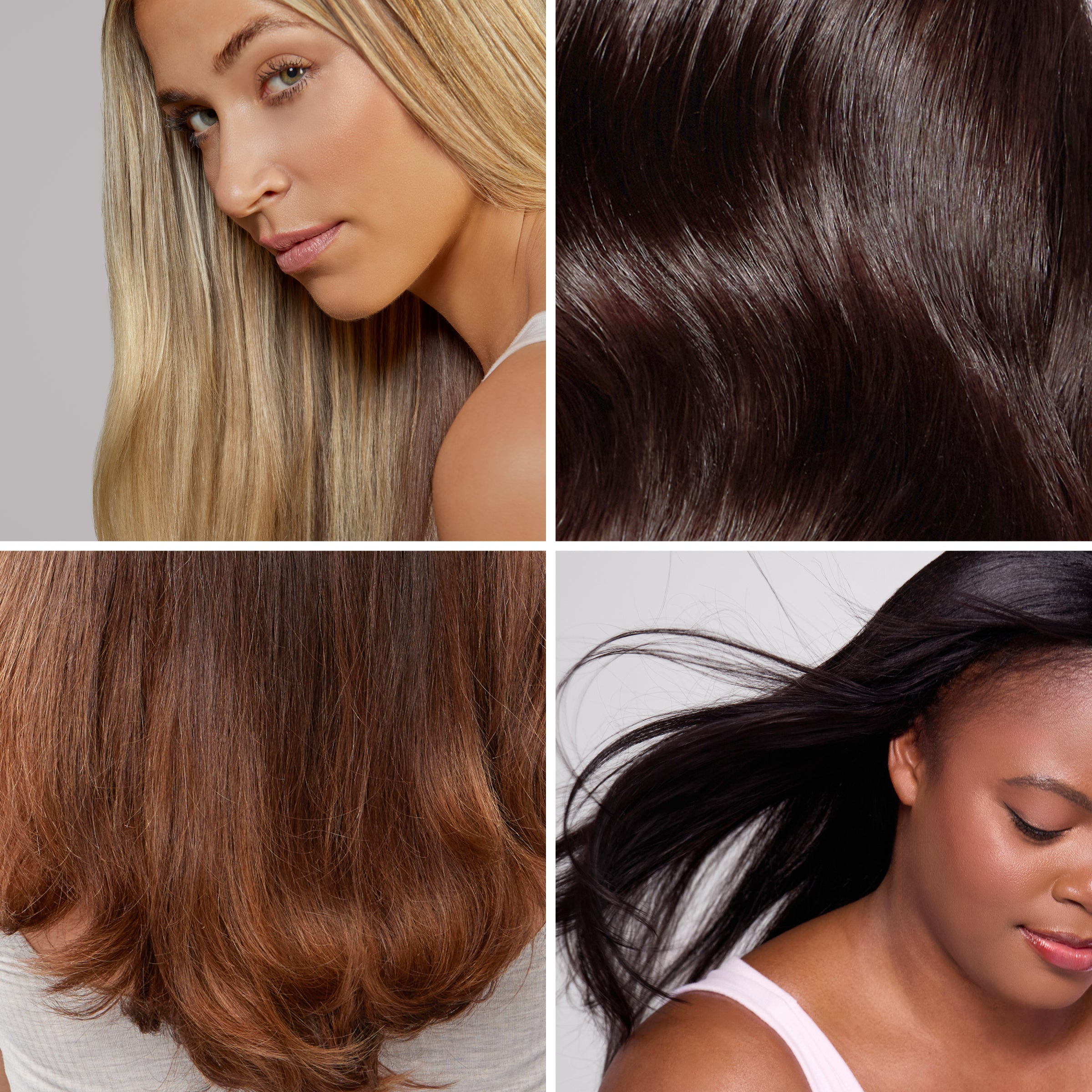 4 different hair with different colors showing shine and fixed split ends.