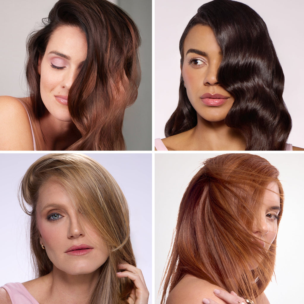Collage of four women with different hair colors and styles, showcasing smooth, healthy, and glossy hair.