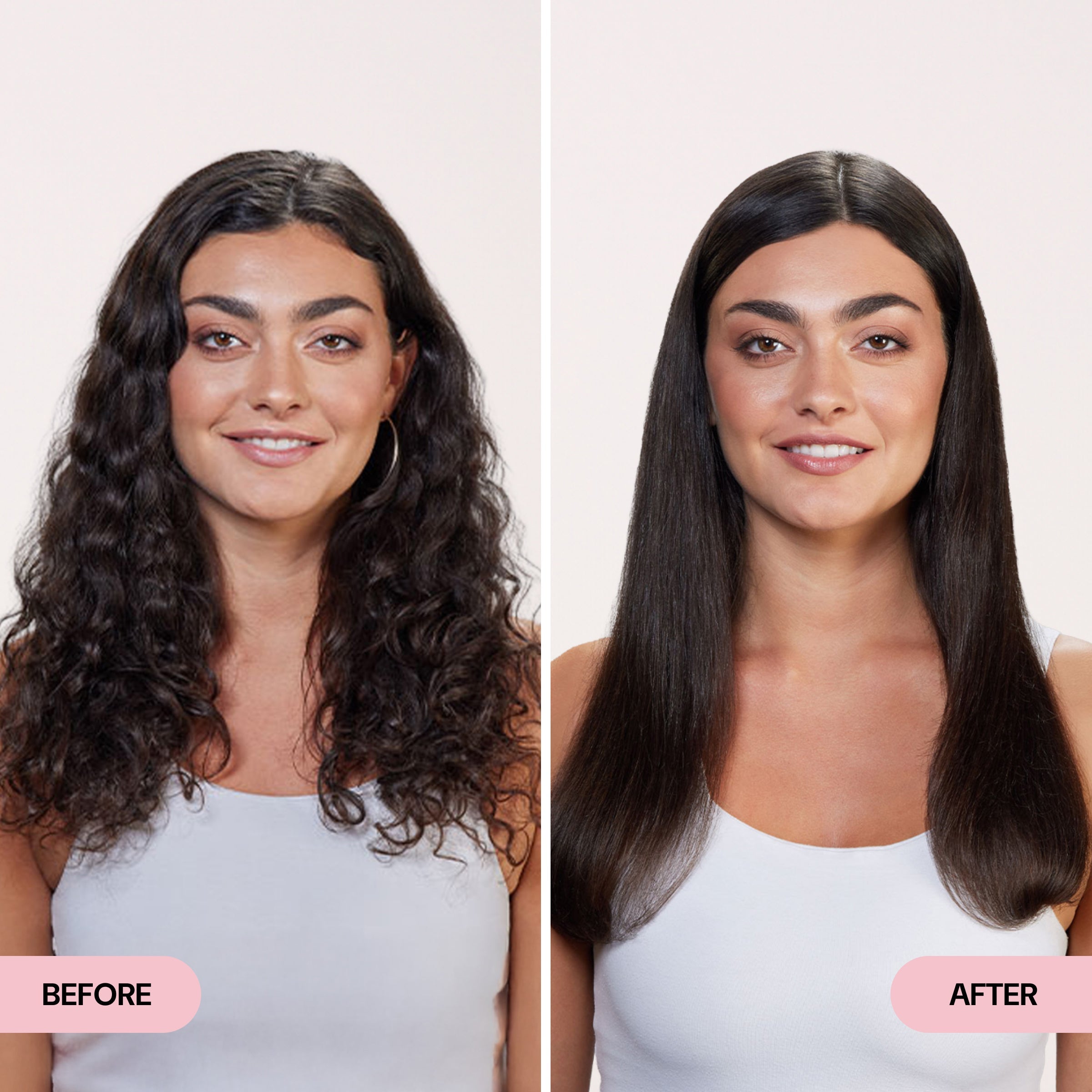 Before and after comparison showing a woman with thick, curly hair transformed to smooth, straight, and shiny hair.