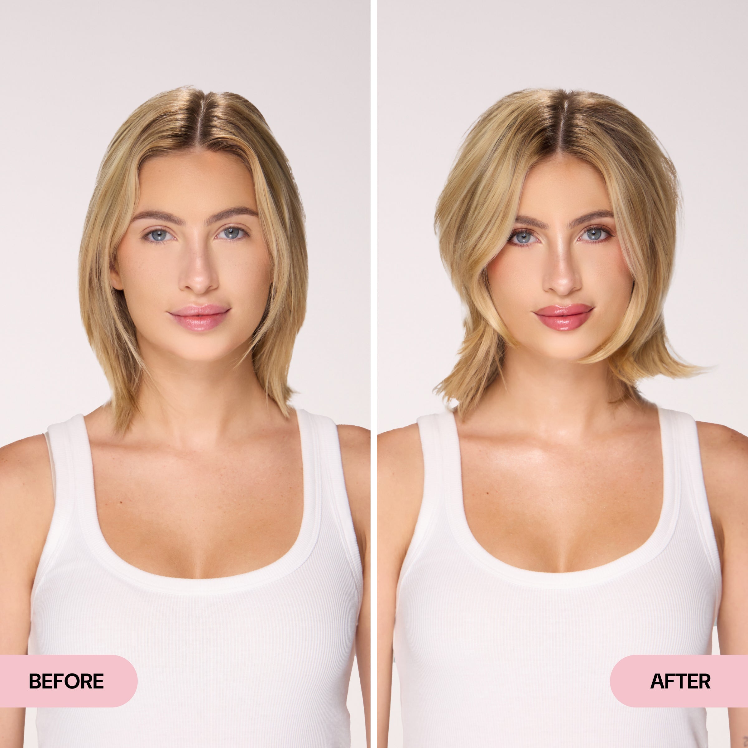 Before and after comparison showing a woman with short, flat, straight hair transformed to fuller, bouncy, and styled hair.