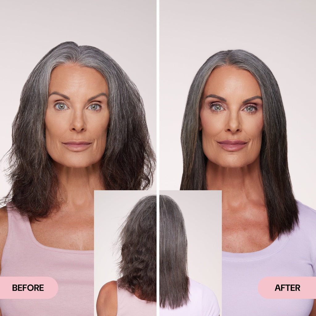 Before and after comparison showing a woman with frizzy, textured hair transformed to smooth, straight, and sleek hair.