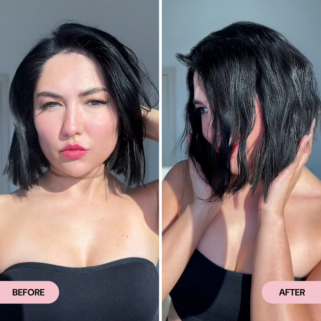 Side-by-side comparison of a woman with a sleek, straight black bob in the "Before" image and voluminous, wavy hair in the "After" image. The transformation highlights added texture, movement, and body in the hair.