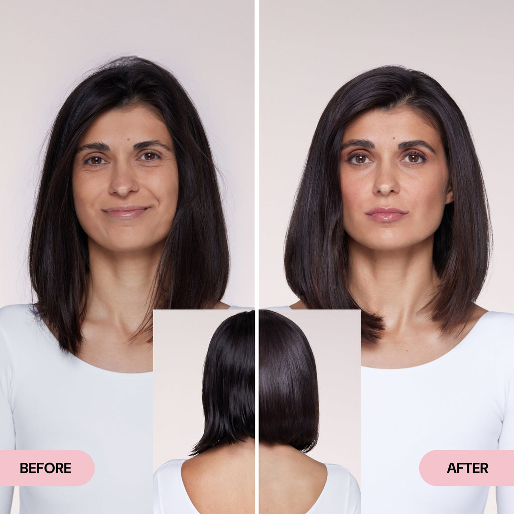 Before and after images showing a woman with dry, dull hair transformed into sleek, shiny, and smooth hair.