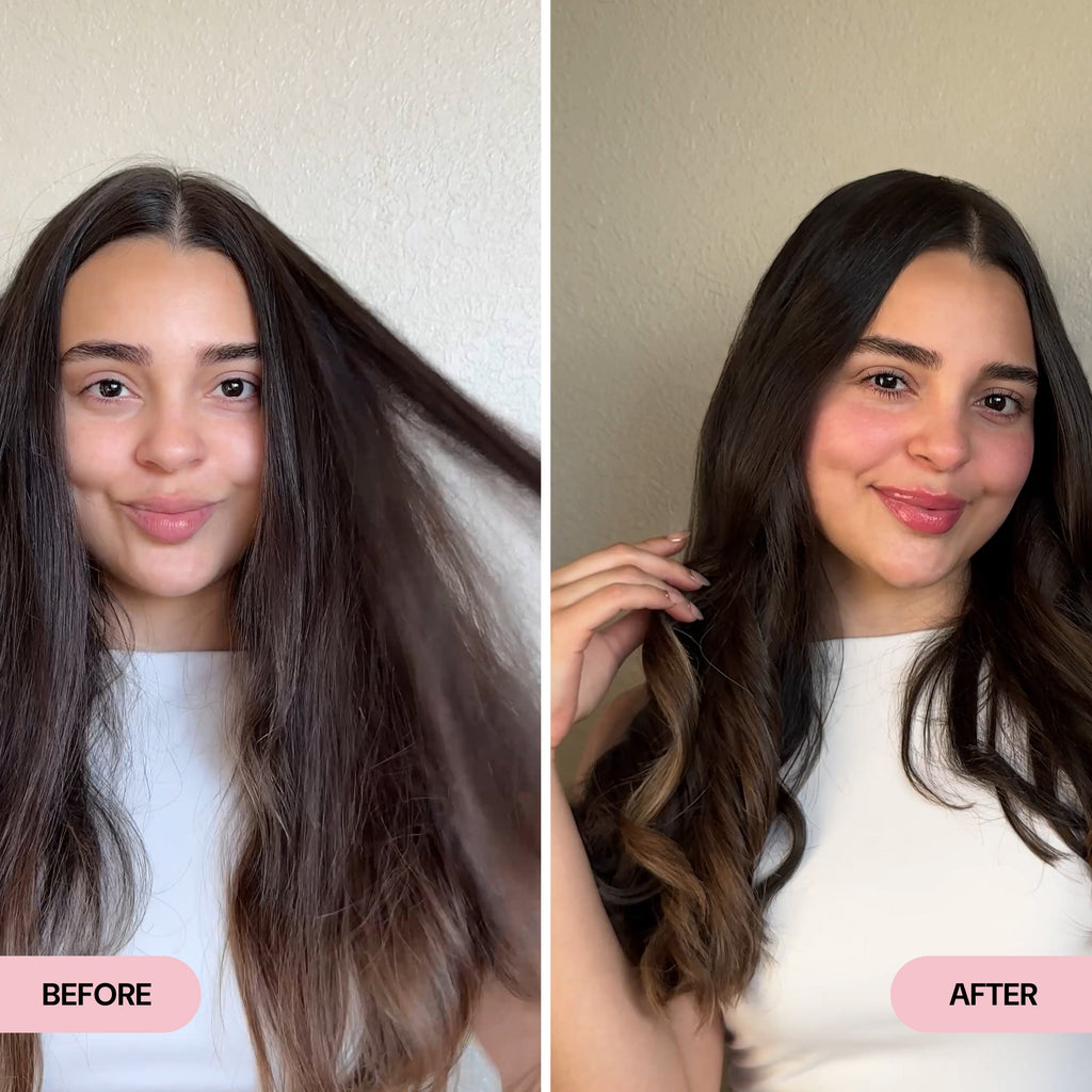 Side-by-side comparison of a woman with dry, voluminous dark brown hair in the "Before" image and soft, waves with a glossy finish in the "After" image. The transformation emphasizes smoother texture, shine, and styled ends for a polished look.