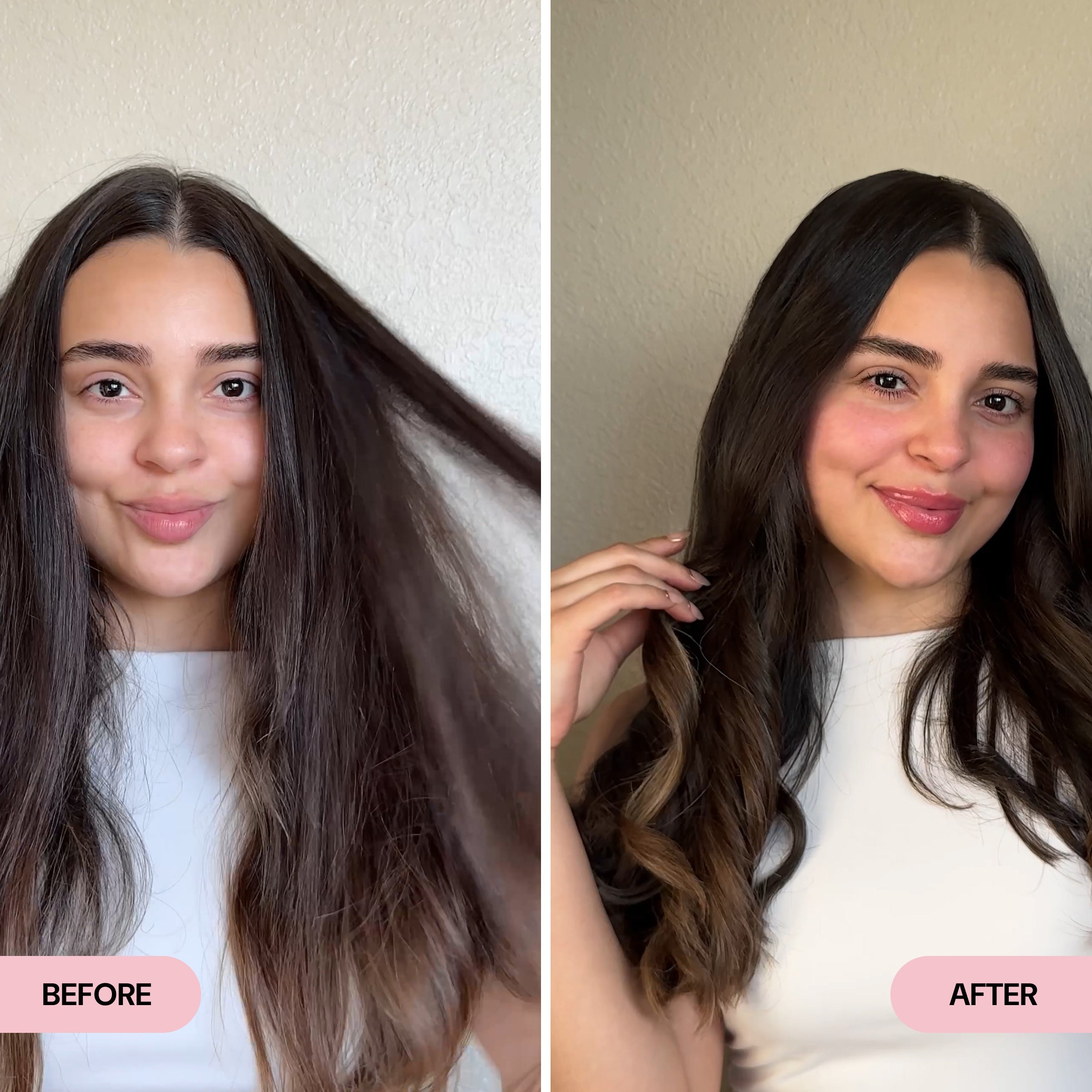 Side-by-side comparison of a woman with dry, voluminous dark brown hair in the "Before" image and soft, waves with a glossy finish in the "After" image. The transformation emphasizes smoother texture, shine, and styled ends for a polished look.