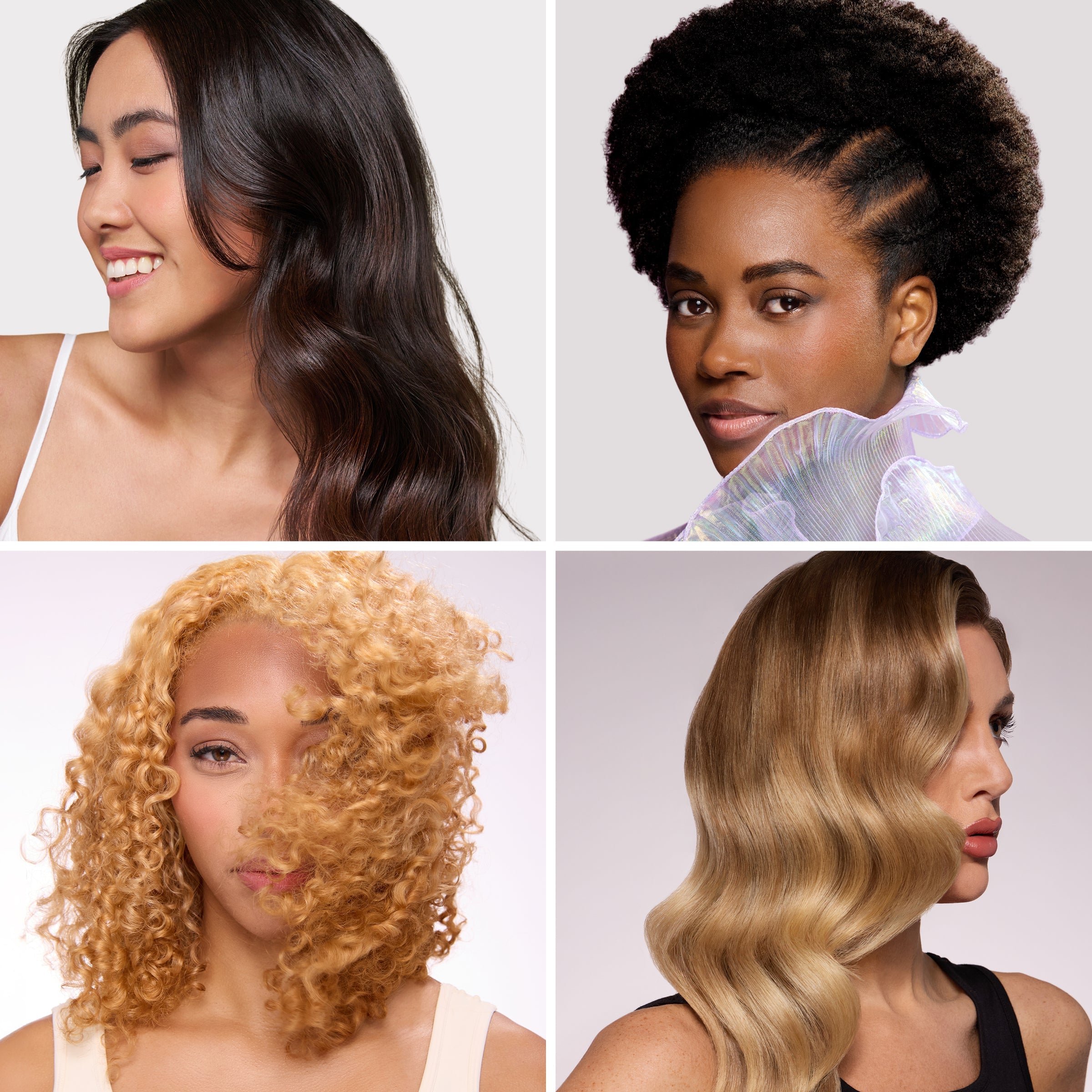 4 models with different hair types showing their results from using Borago.