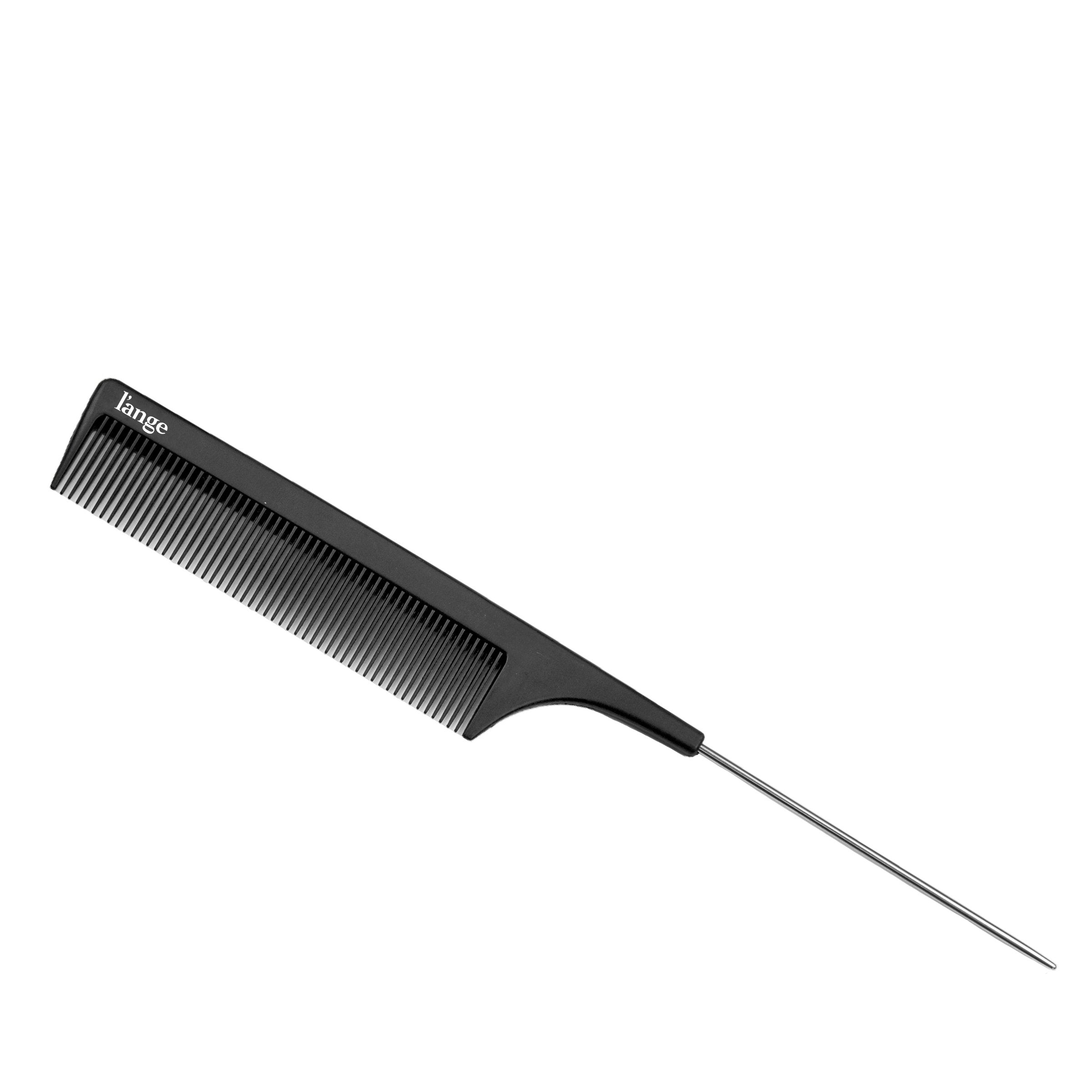 The heat-resistant hair comb lays diagonally, showing the pointed handle and carbon-fiber teeth.