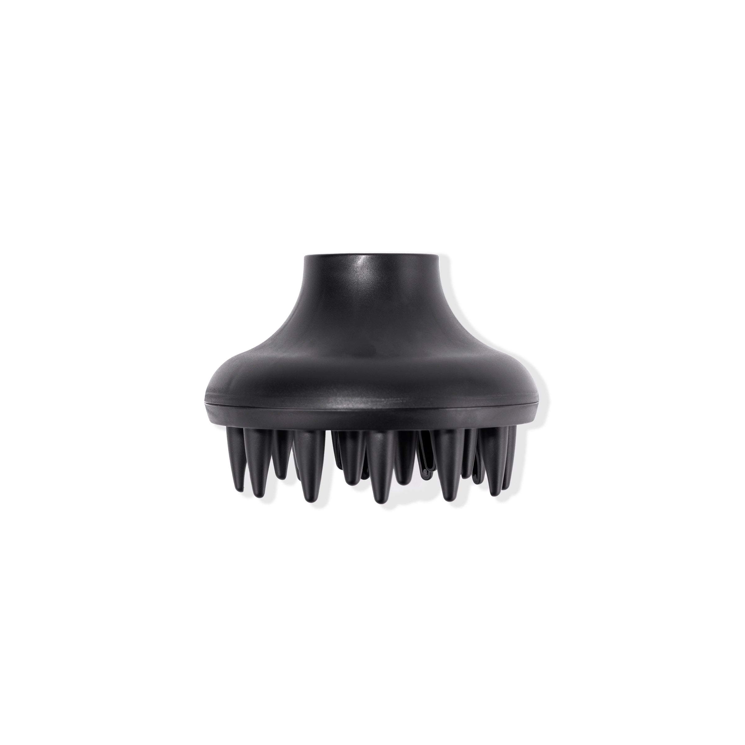 A side view of the black diffuser for Soleil hair dryer with the vented prongs facing downward. 
